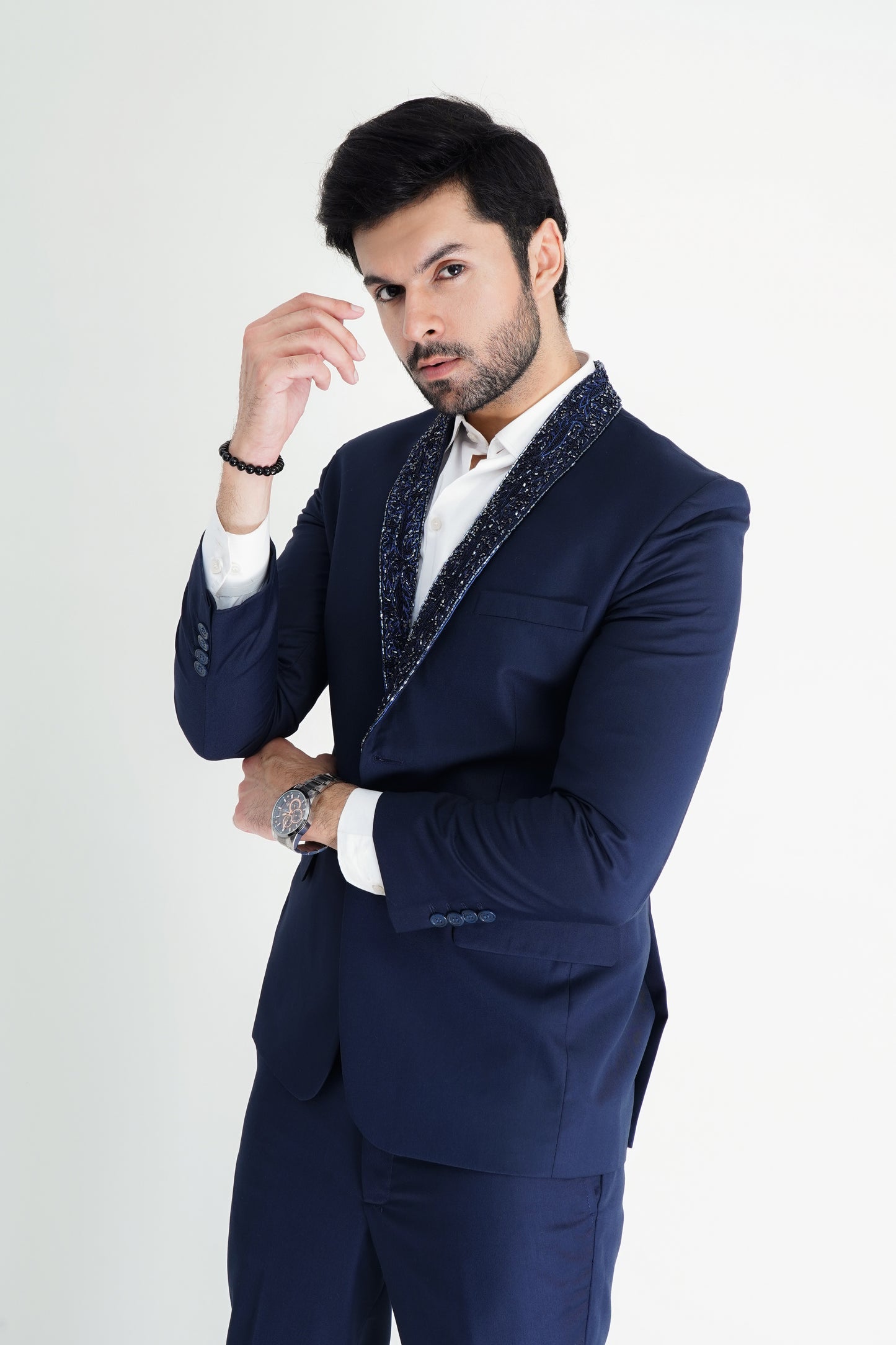 The Blue Elegance Two-Piece Pant Suit – Embroidered Collar for Modern Sophistication
