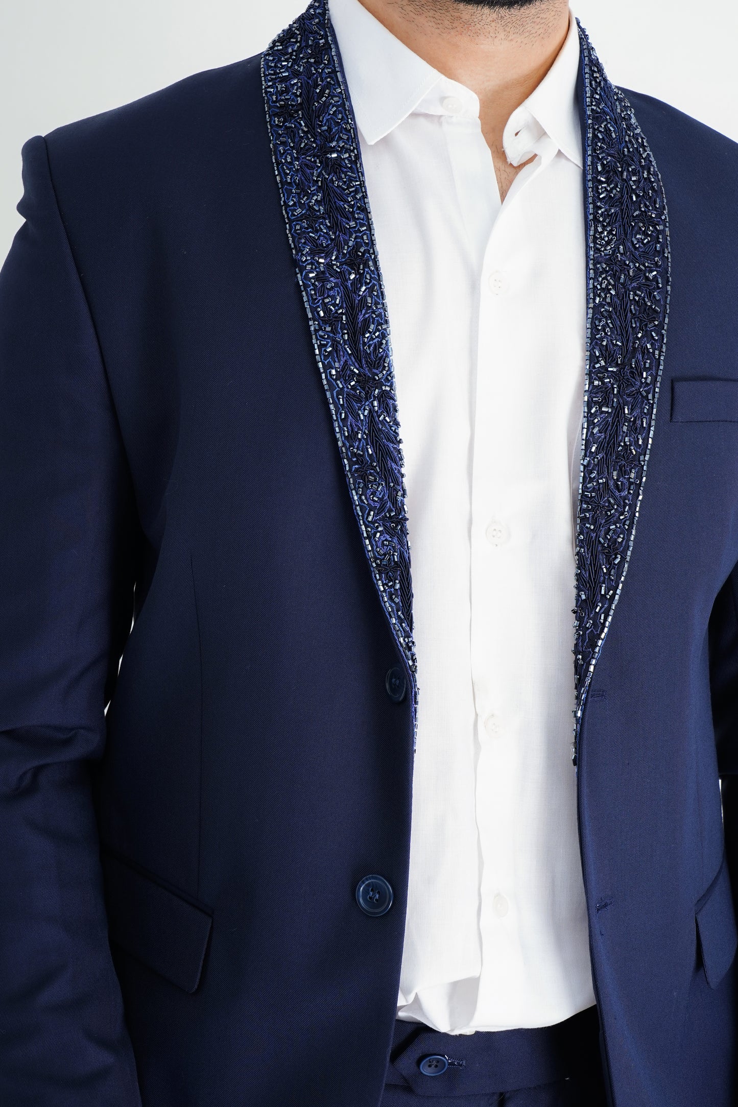 The Blue Elegance Two-Piece Pant Suit – Embroidered Collar for Modern Sophistication