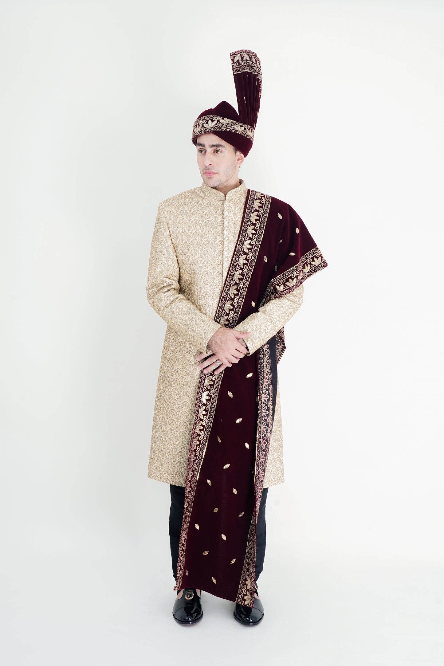 Opulent Raw Silk Golden Sherwani with Handmade Embroidery & Red Shawl - Luxurious Wedding Wear