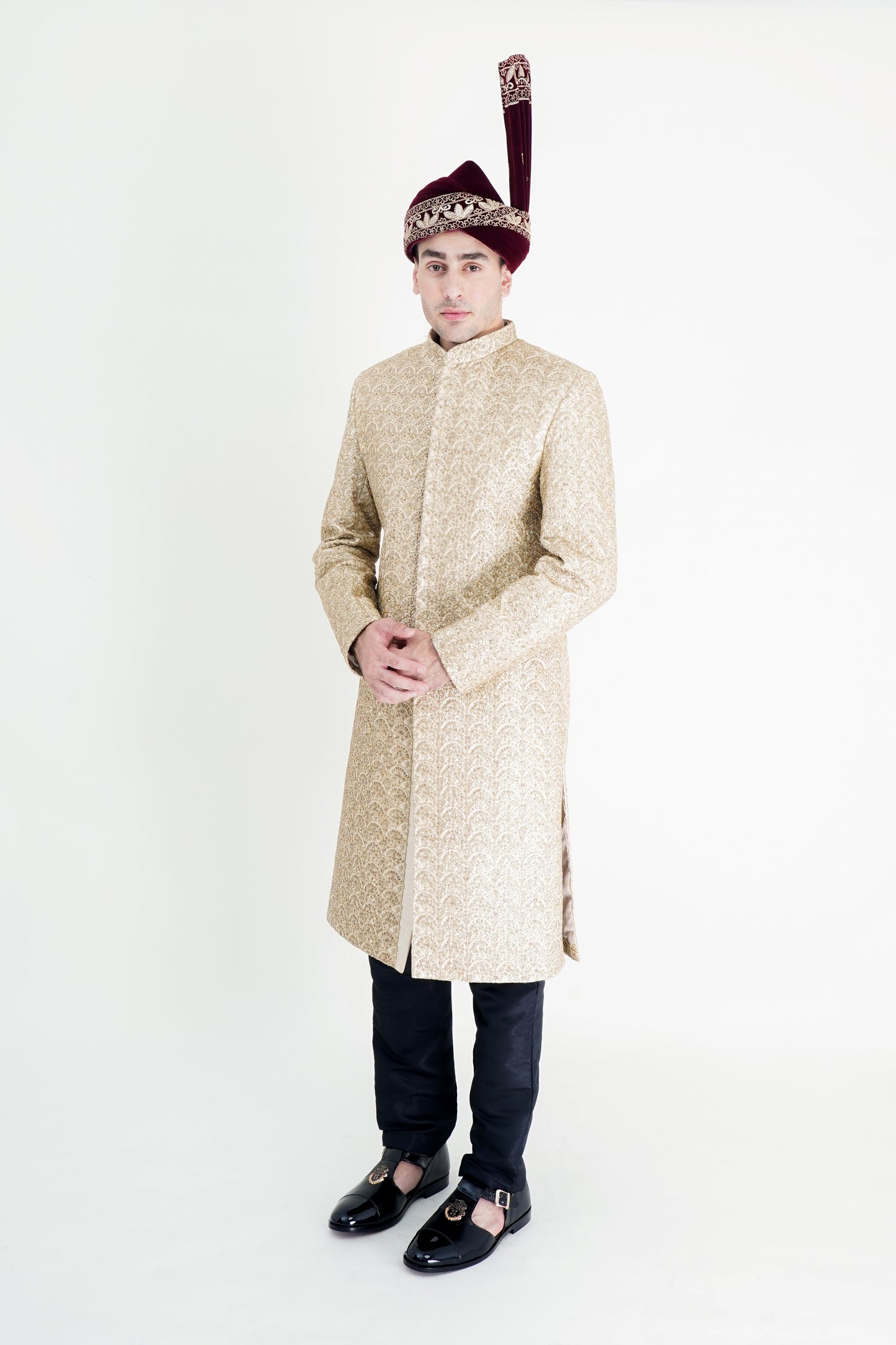Opulent Raw Silk Golden Sherwani with Handmade Embroidery & Red Shawl - Luxurious Wedding Wear