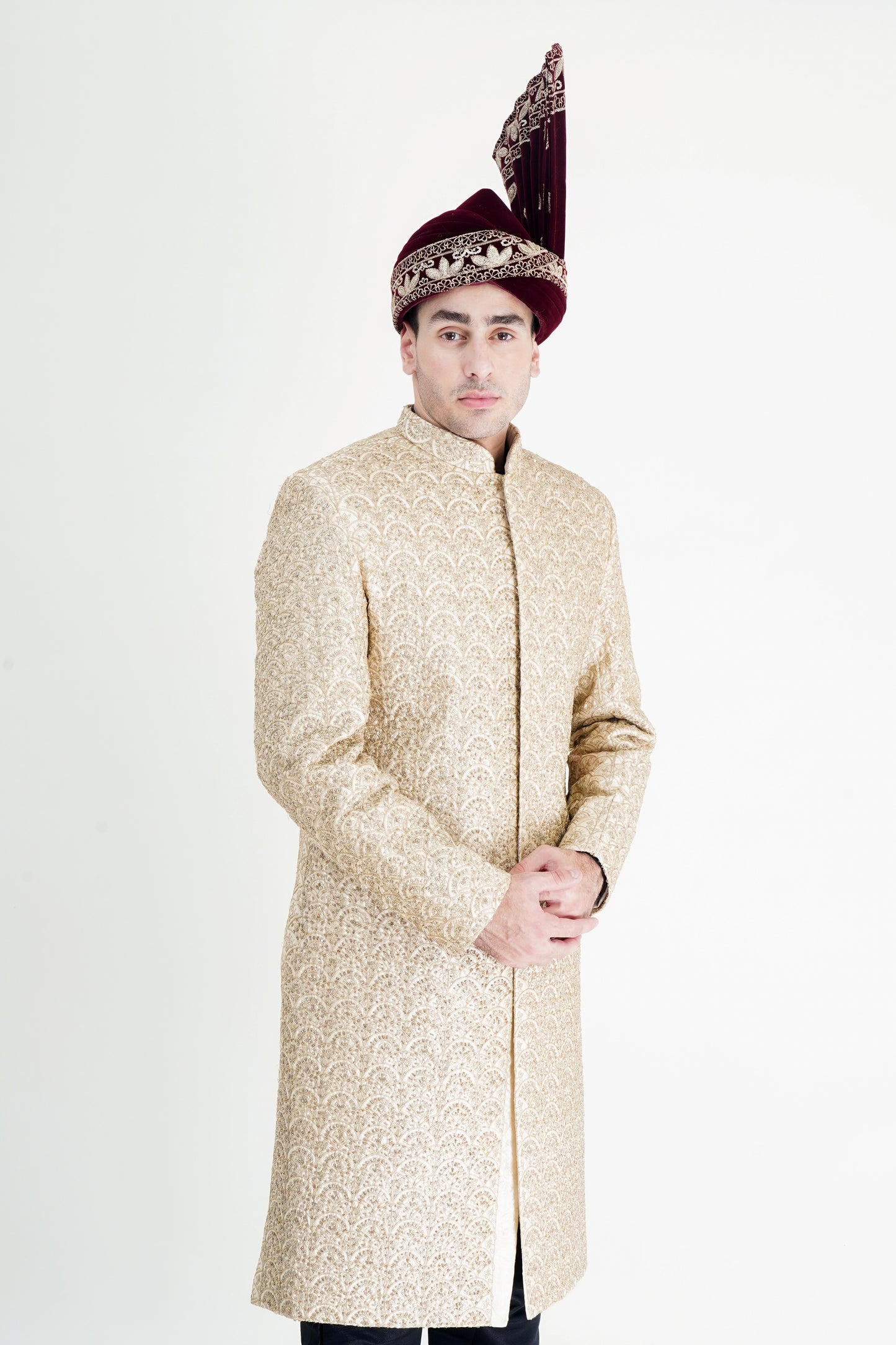 Opulent Raw Silk Golden Sherwani with Handmade Embroidery & Red Shawl - Luxurious Wedding Wear