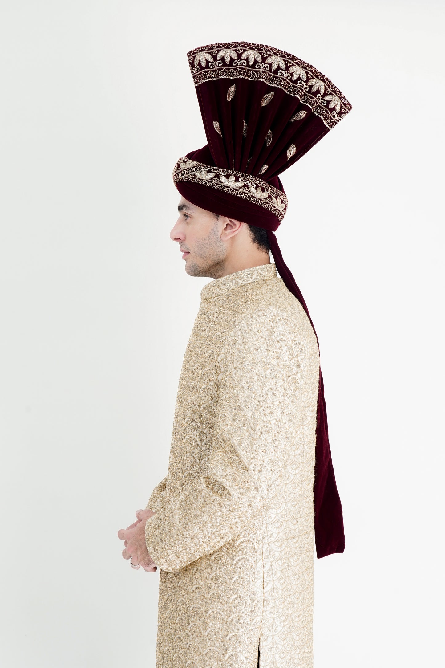 Opulent Raw Silk Golden Sherwani with Handmade Embroidery & Red Shawl - Luxurious Wedding Wear