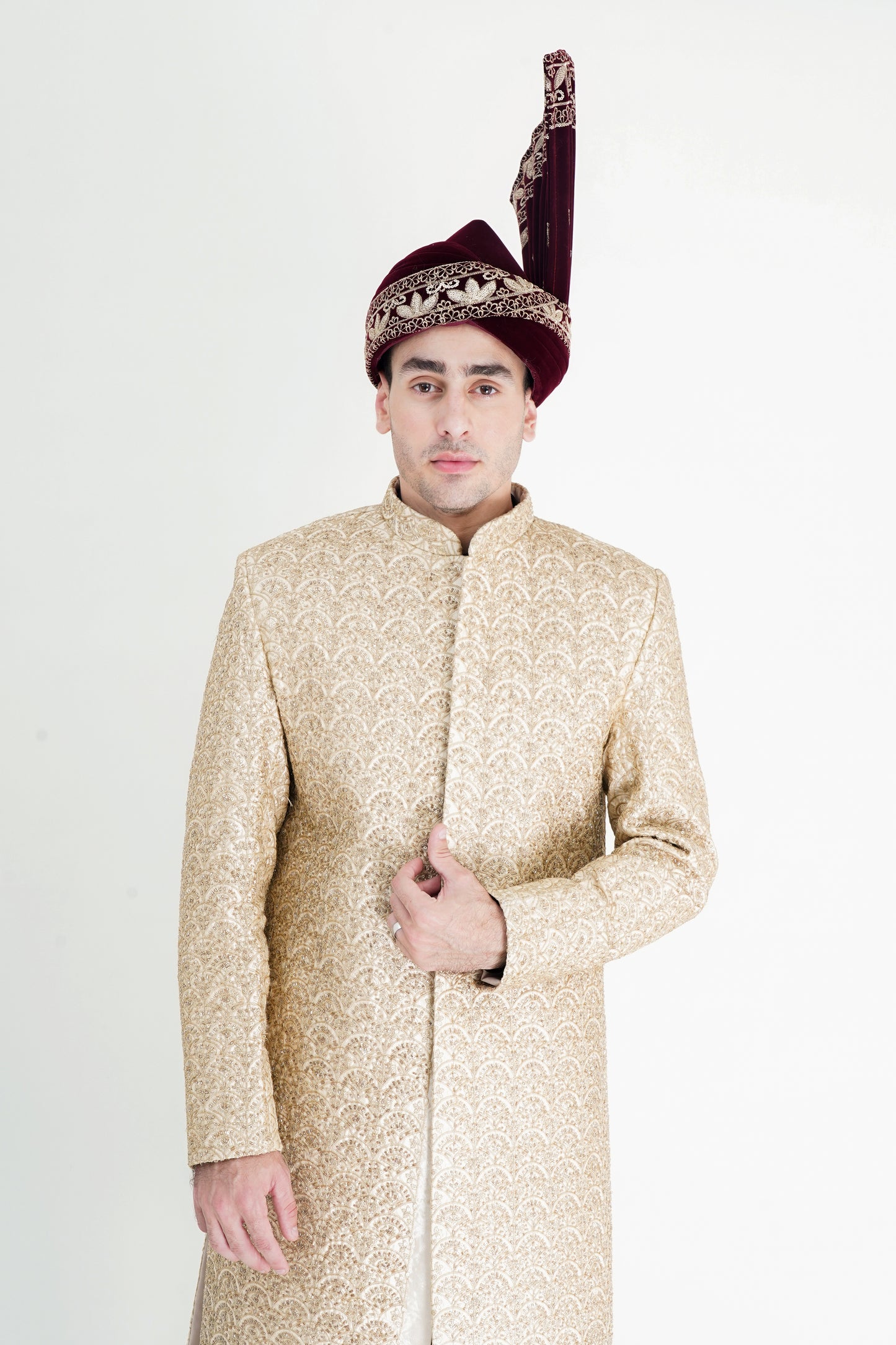 Opulent Raw Silk Golden Sherwani with Handmade Embroidery & Red Shawl - Luxurious Wedding Wear