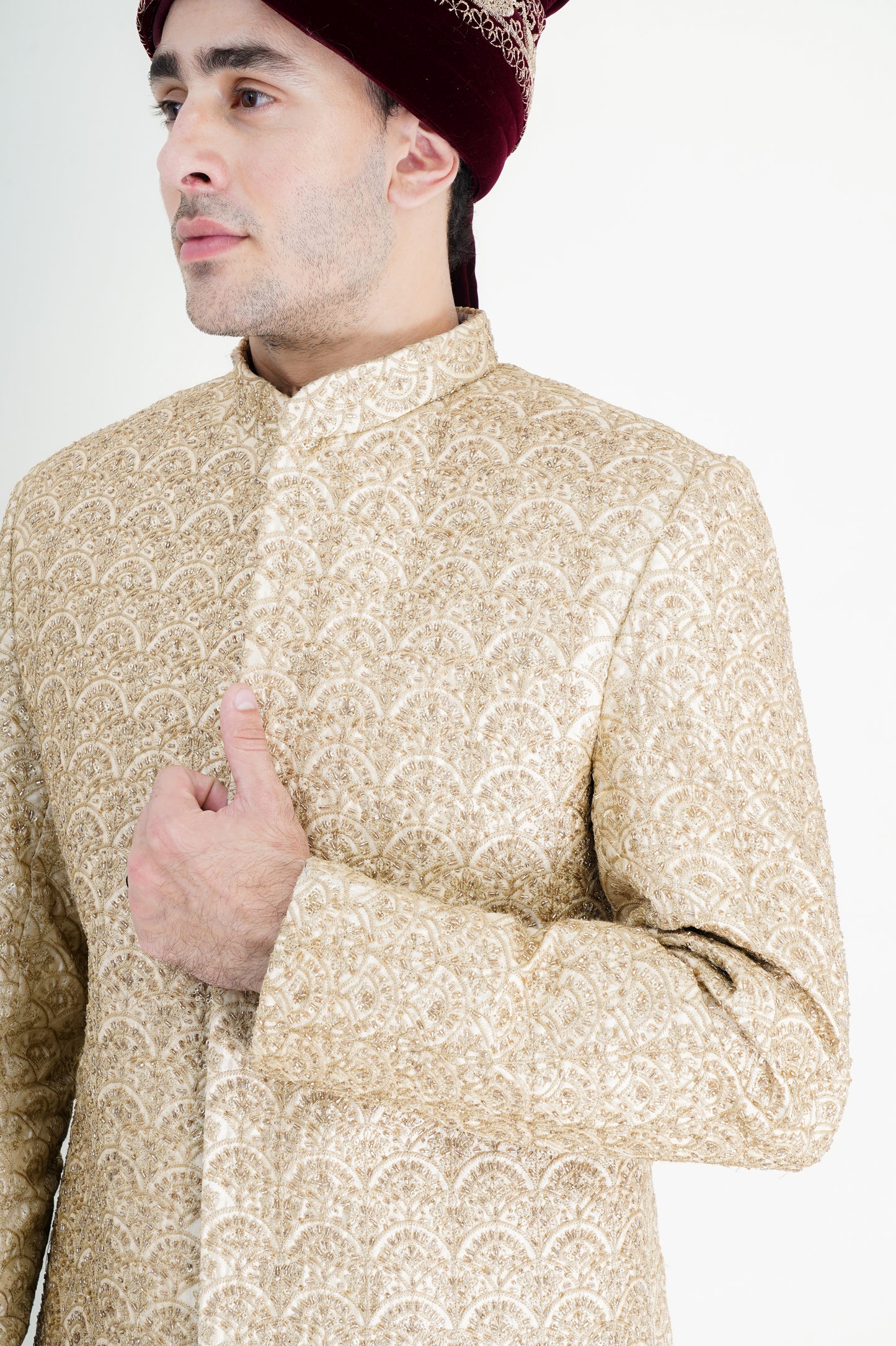 Opulent Raw Silk Golden Sherwani with Handmade Embroidery & Red Shawl - Luxurious Wedding Wear