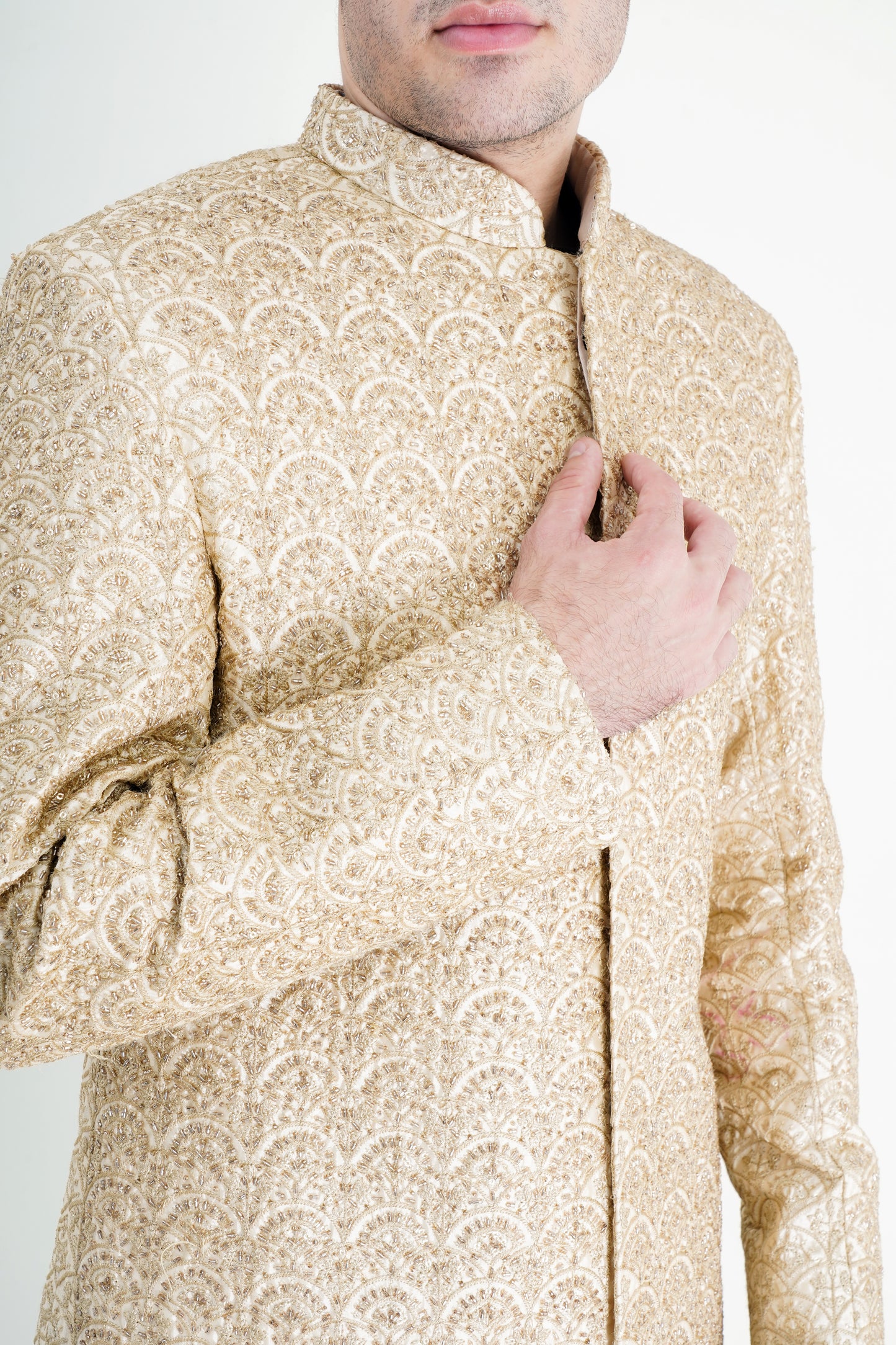 Opulent Raw Silk Golden Sherwani with Handmade Embroidery & Red Shawl - Luxurious Wedding Wear