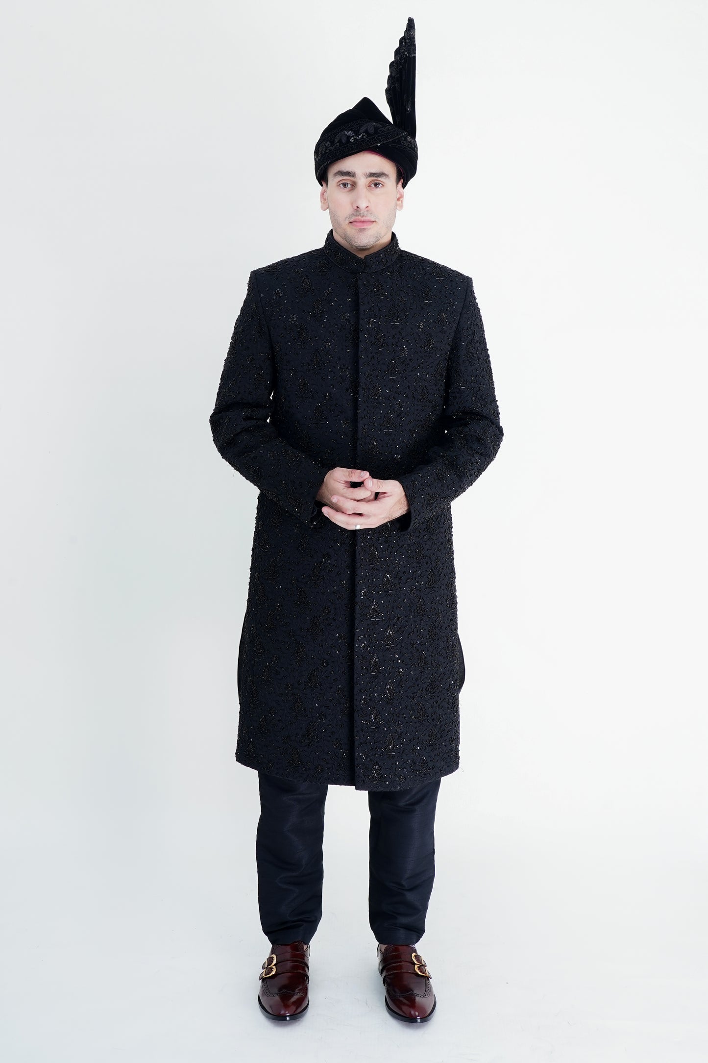Stylish Black Sherwani with Unique Handmade Embroidery