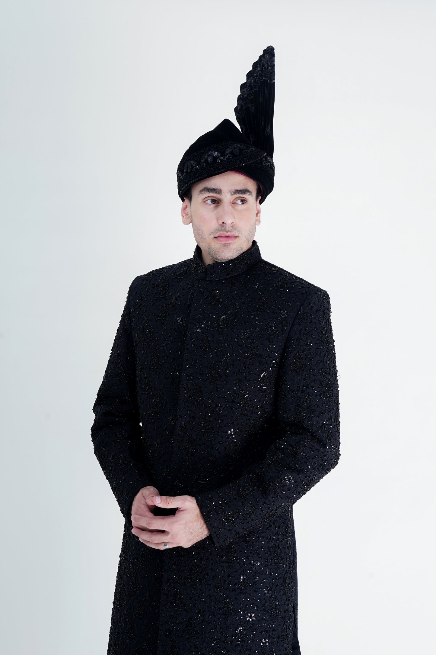 Stylish Black Sherwani with Unique Handmade Embroidery