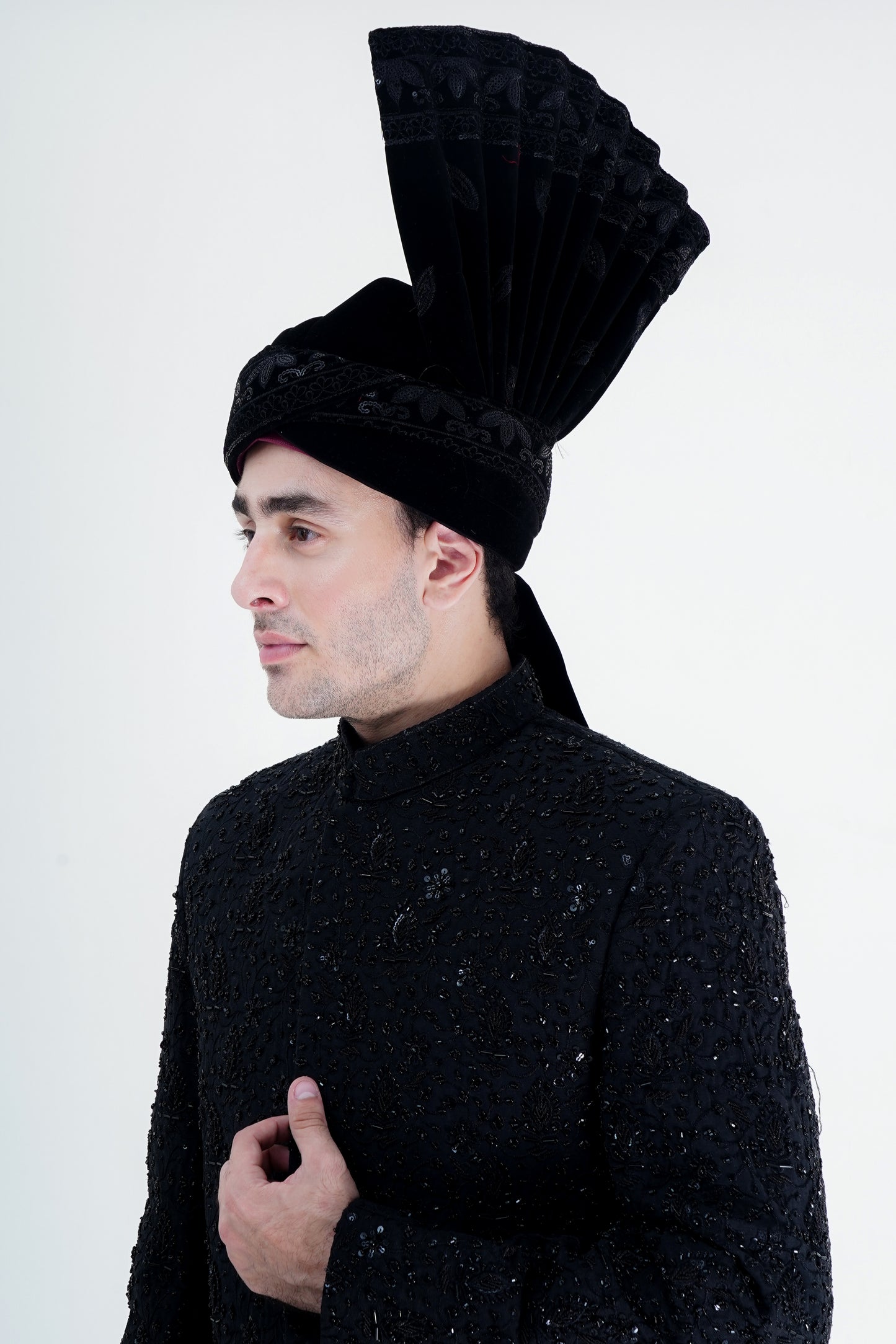 Men's Black Cotton Silk Sherwani with Sequins Embroidery – Modern Straight Cut