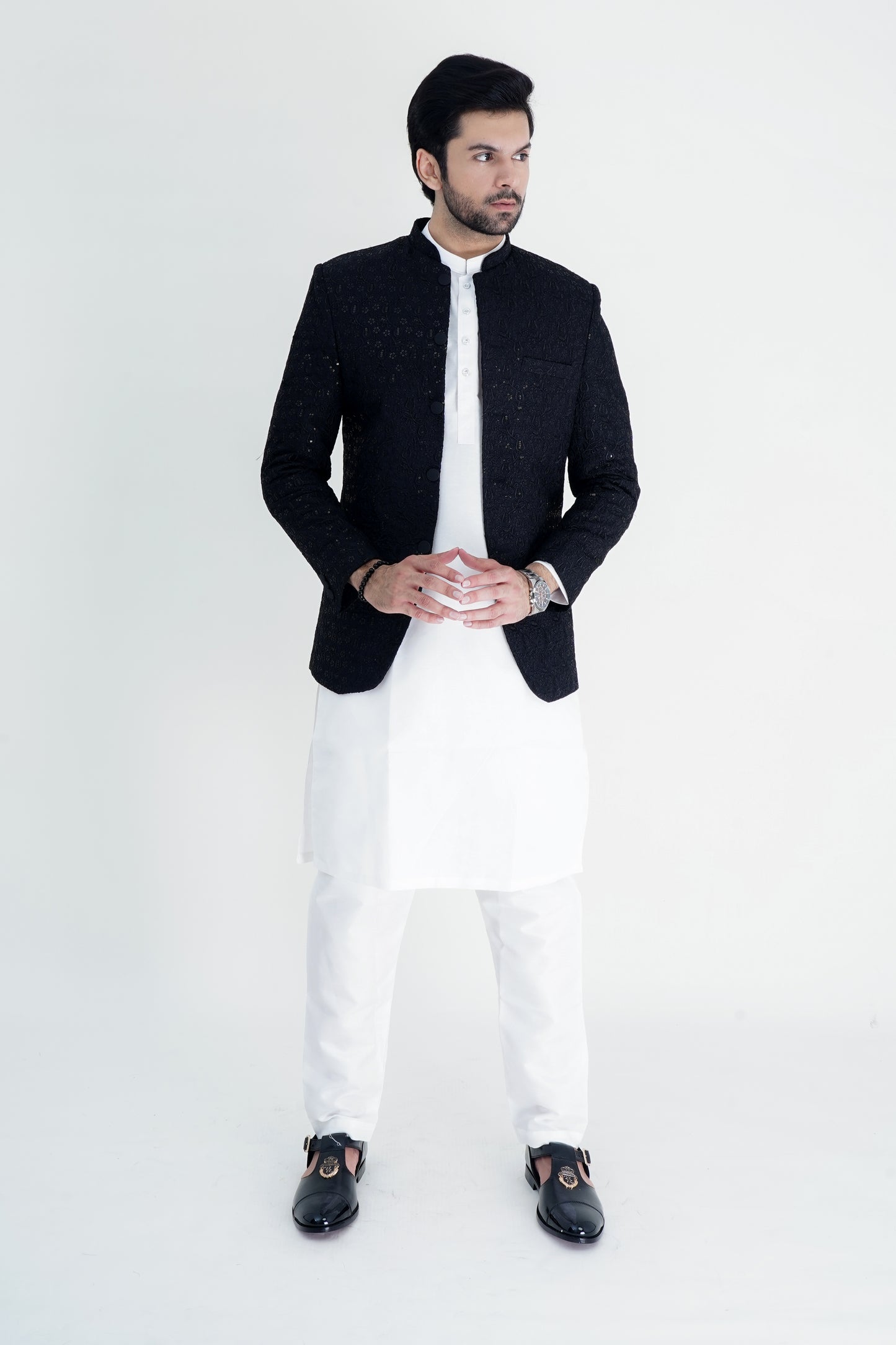 Elegant Black Embroidered Prince Coat with Kurta-Pajama Set
