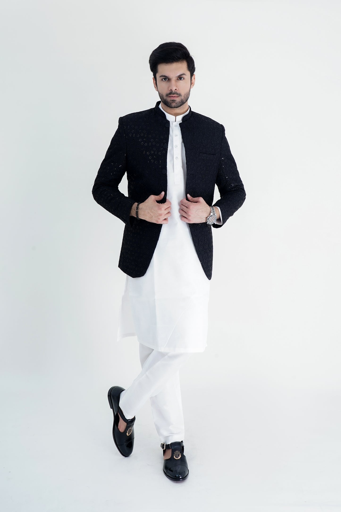 Elegant Black Embroidered Prince Coat with Kurta-Pajama Set
