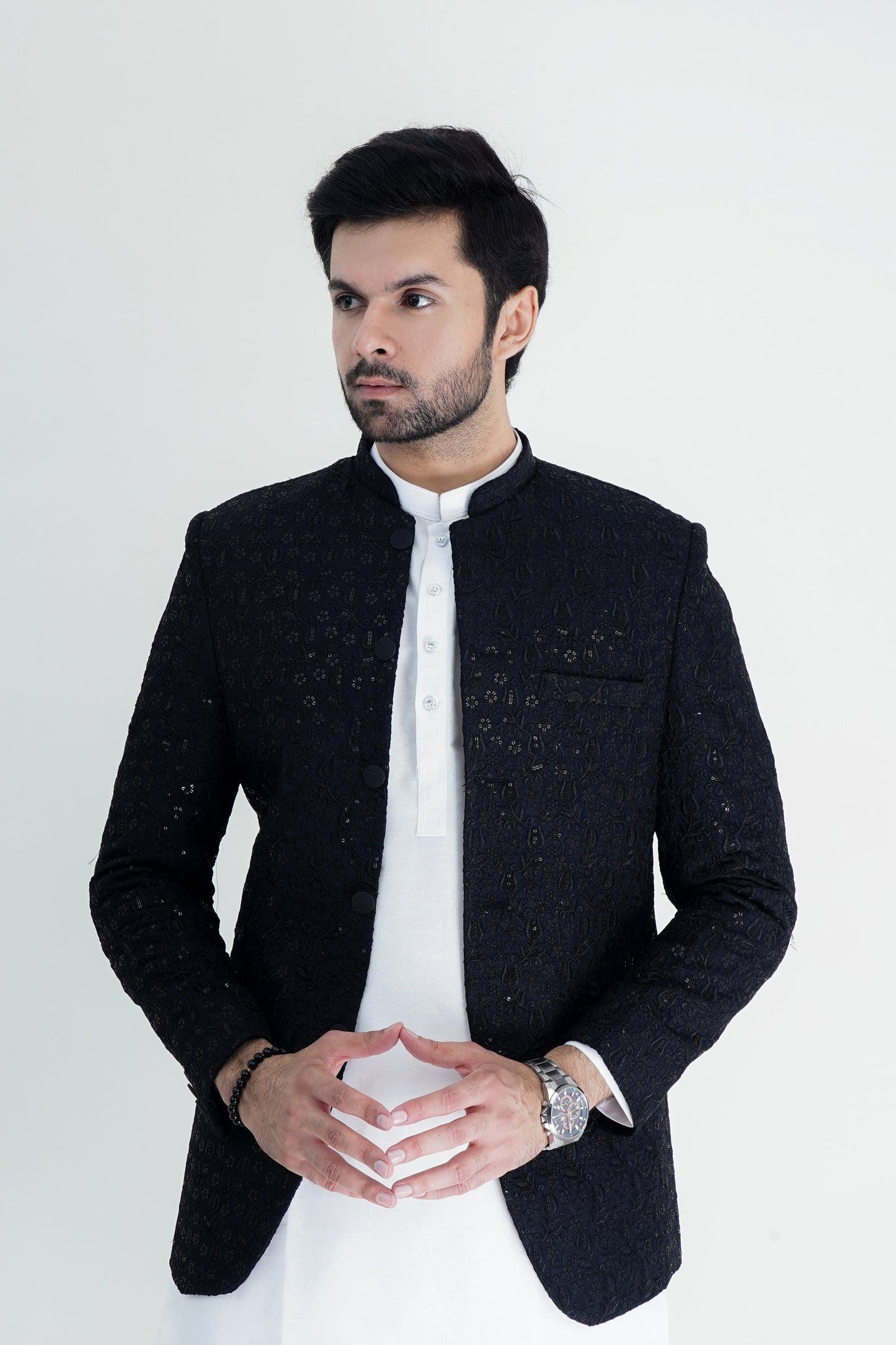 Elegant Black Embroidered Prince Coat with Kurta-Pajama Set