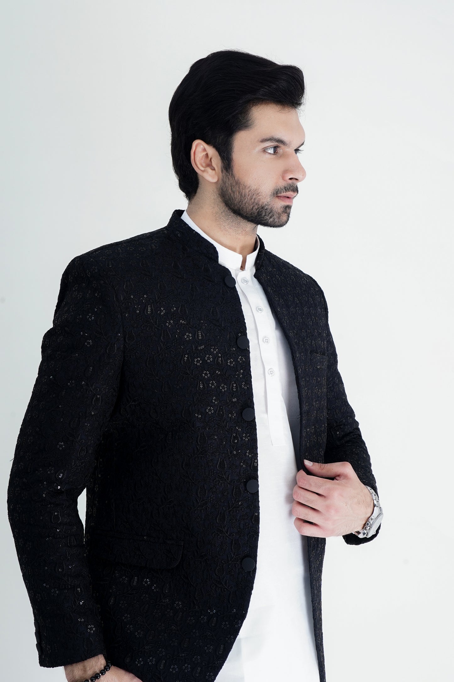 Elegant Black Embroidered Prince Coat with Kurta-Pajama Set