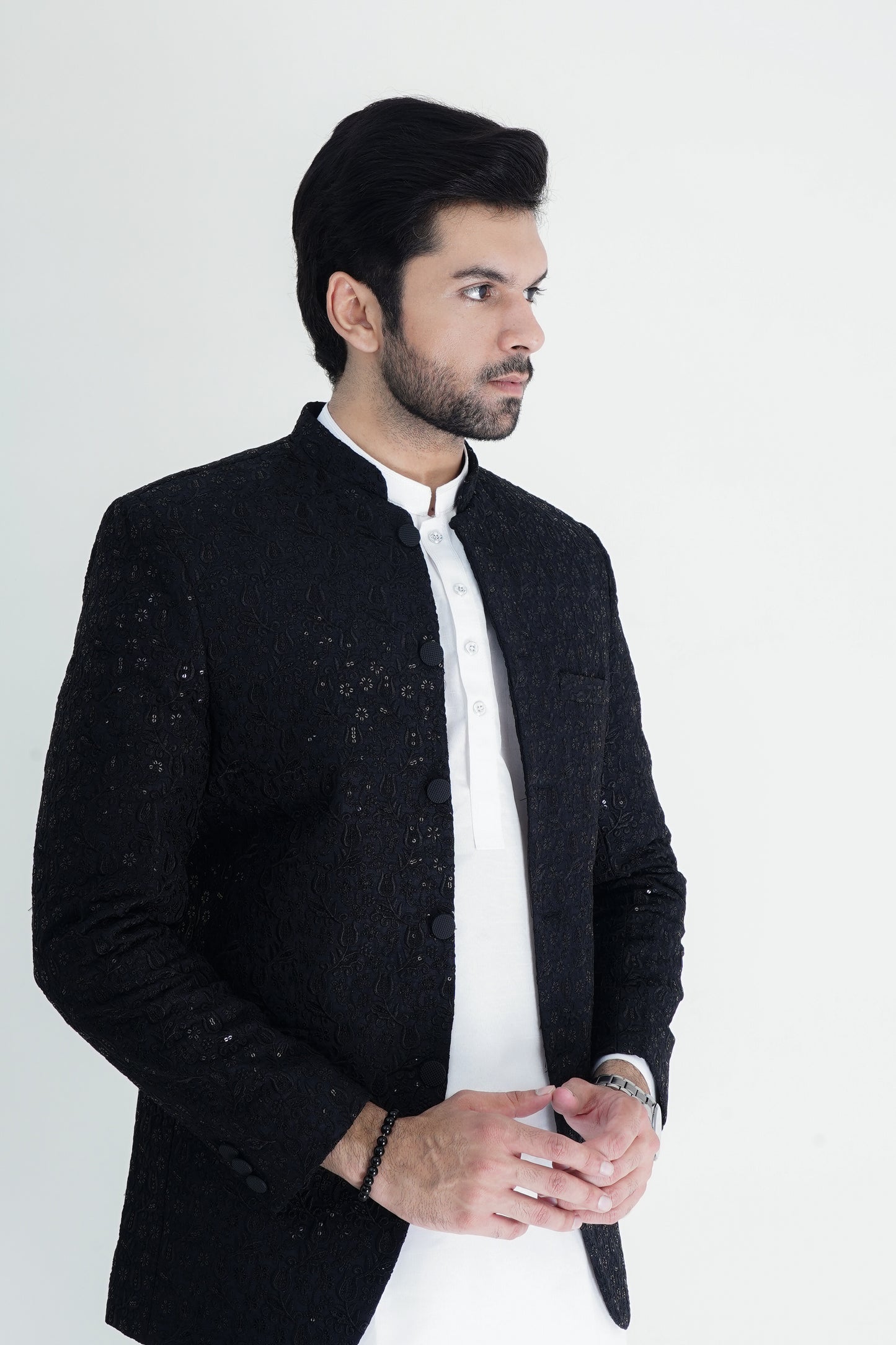 Elegant Black Embroidered Prince Coat with Kurta-Pajama Set