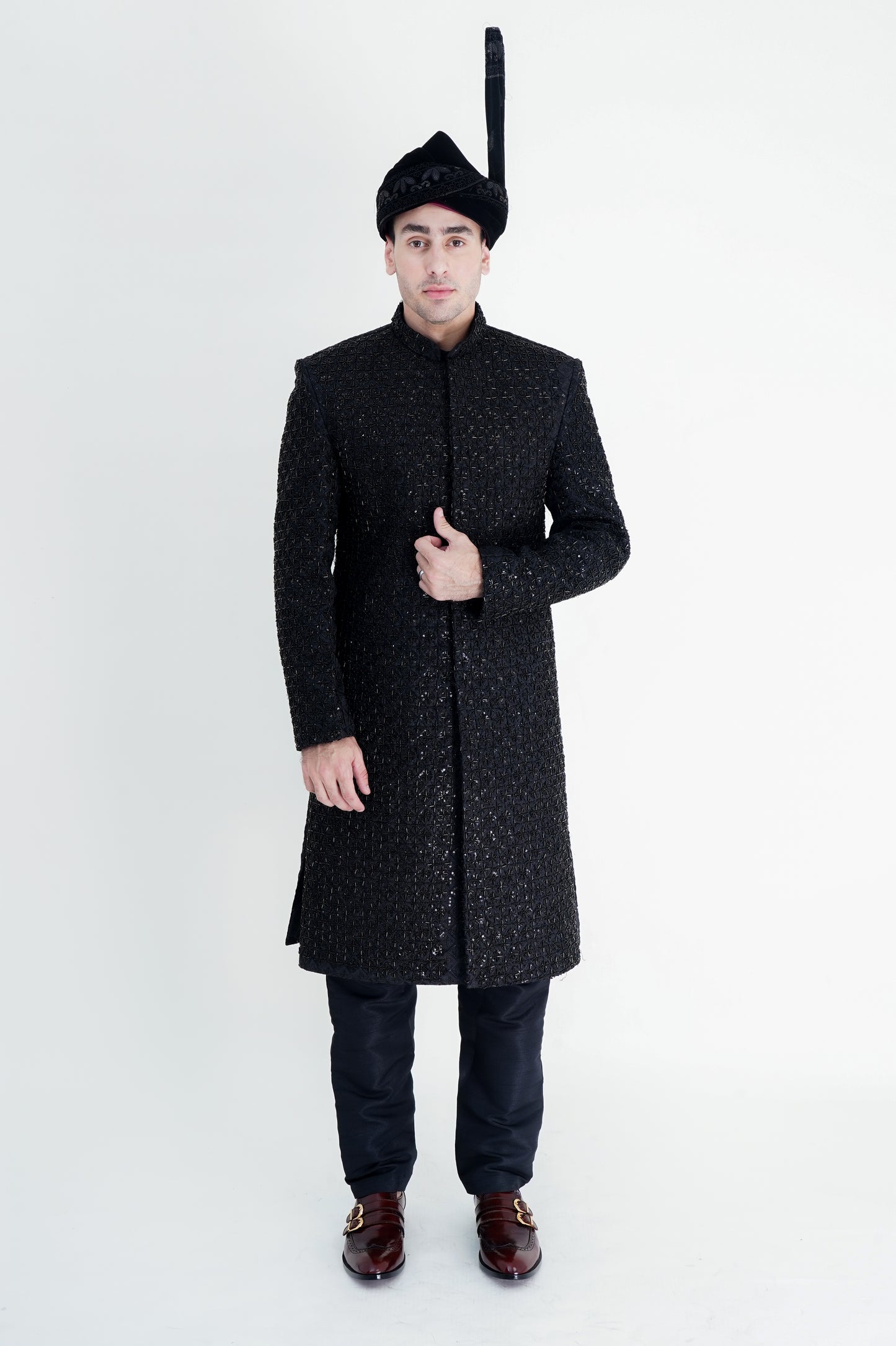 Black Sherwani with Exquisite Handmade Embroidery - Luxurious Traditional Wear
