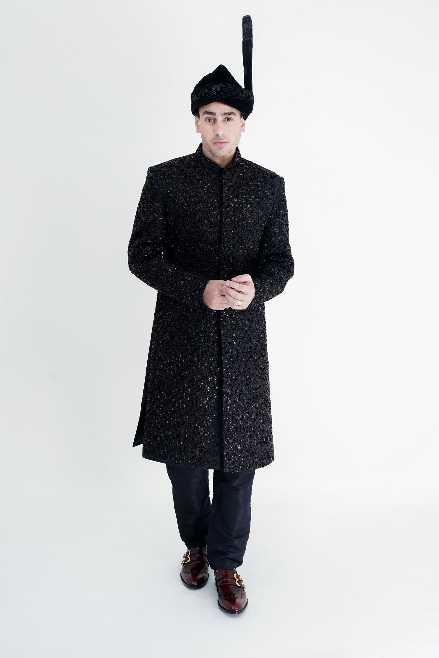 Black Sherwani with Exquisite Handmade Embroidery - Luxurious Traditional Wear