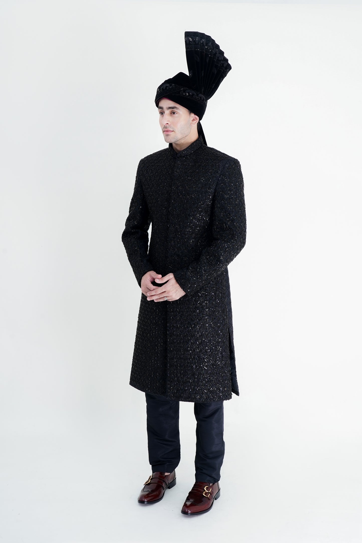 Black Sherwani with Exquisite Handmade Embroidery - Luxurious Traditional Wear