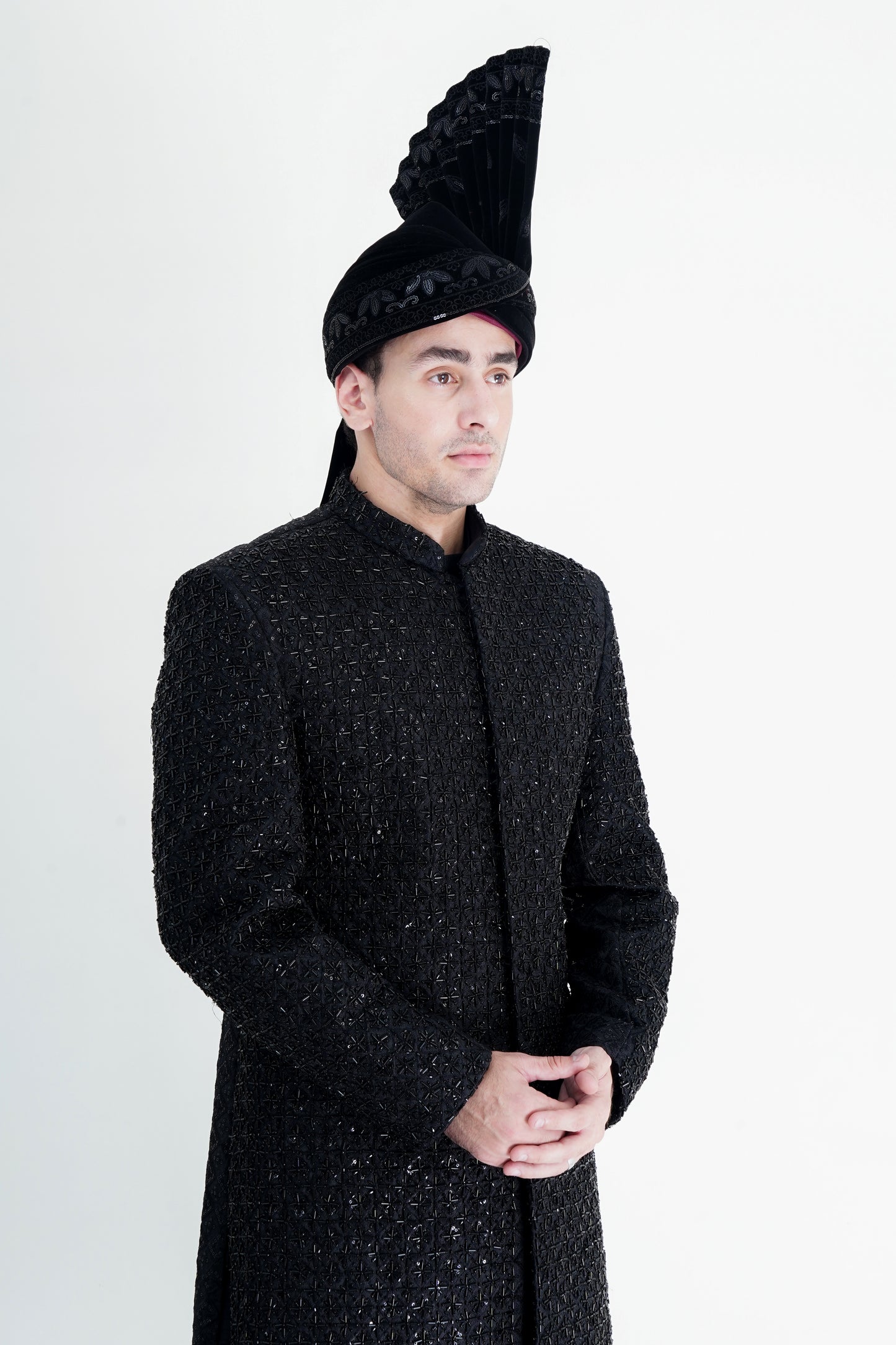 Black Sherwani with Exquisite Handmade Embroidery - Luxurious Traditional Wear