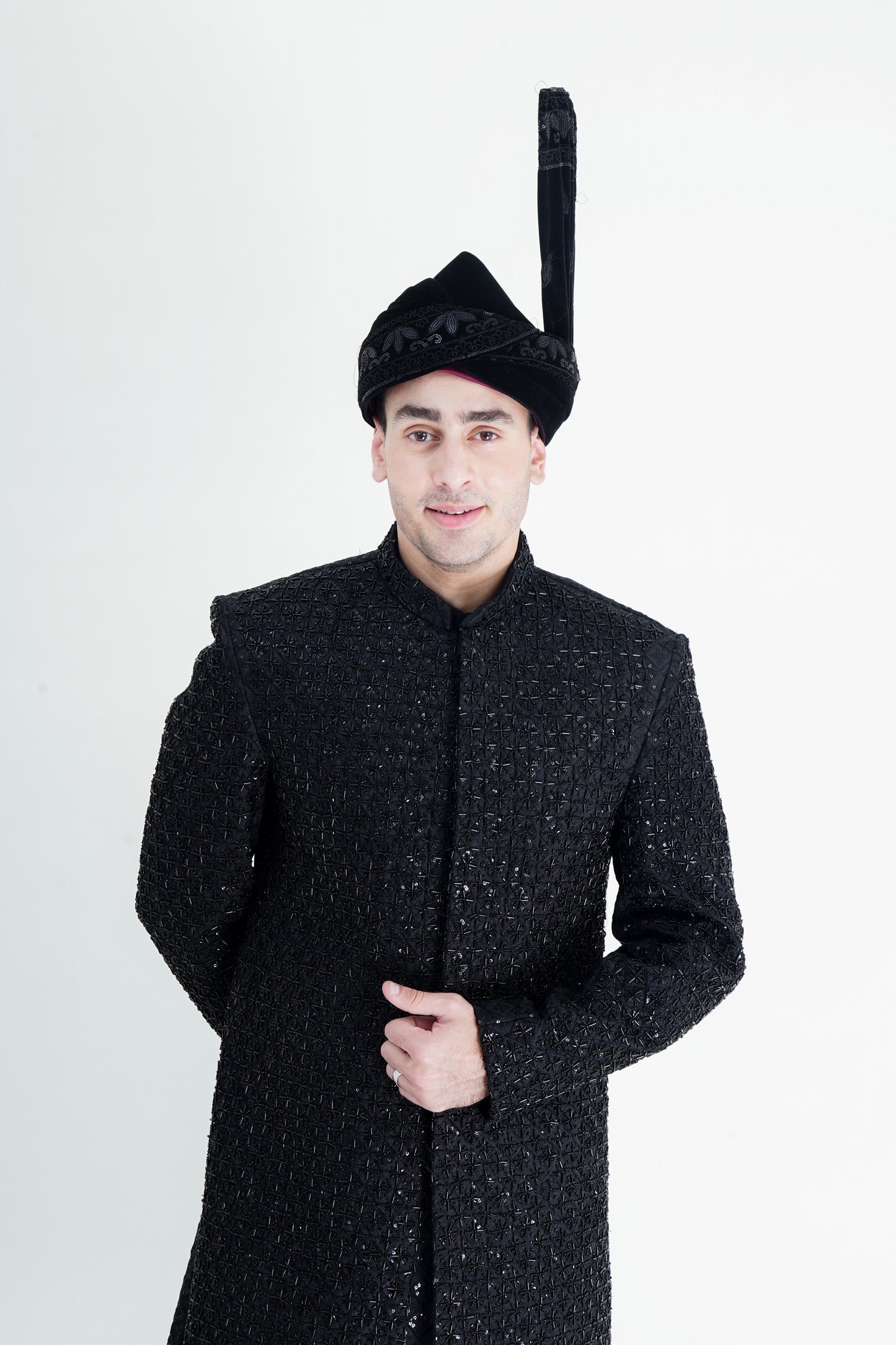 Black Sherwani with Exquisite Handmade Embroidery - Luxurious Traditional Wear