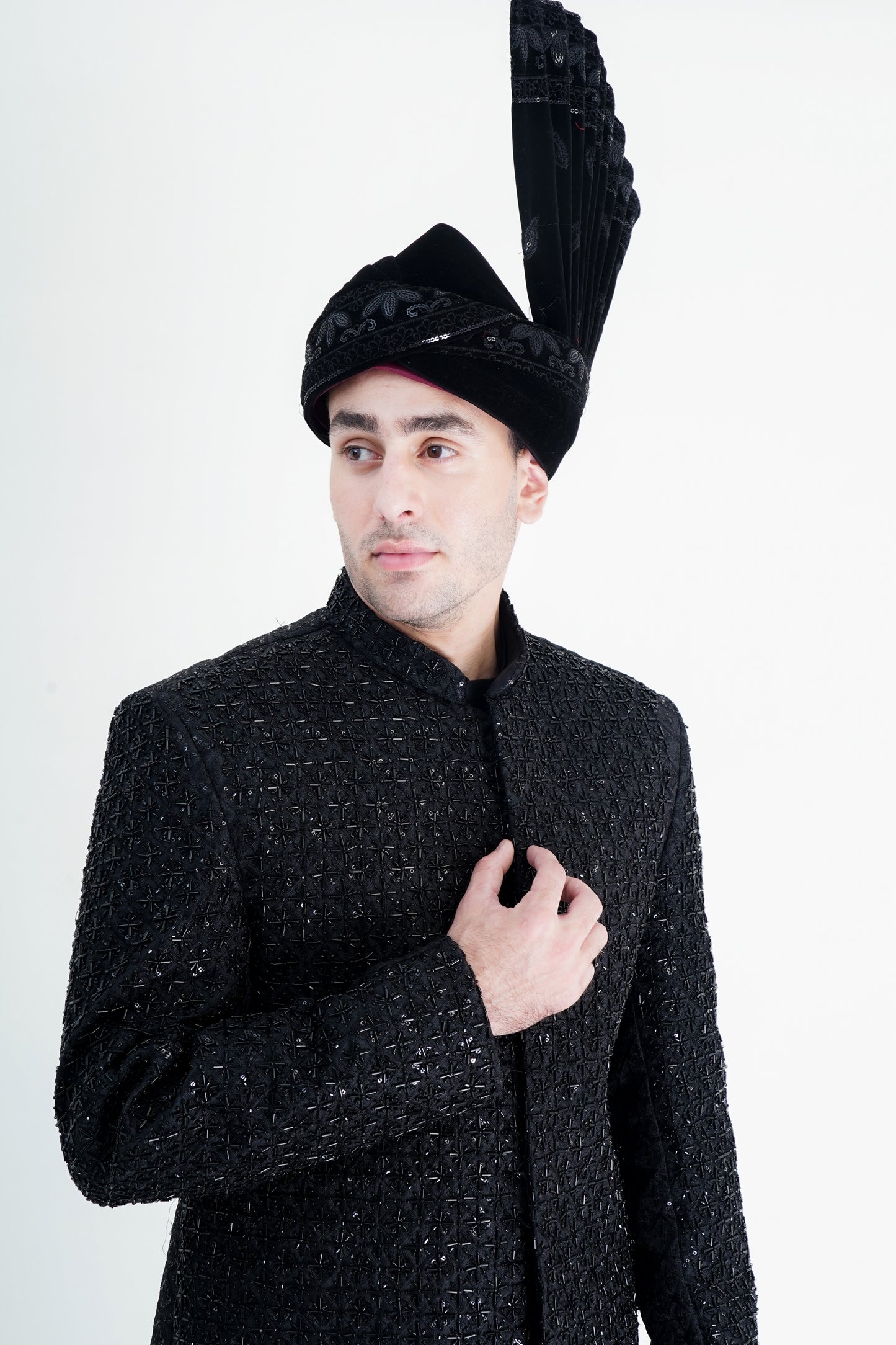 Black Sherwani with Exquisite Handmade Embroidery - Luxurious Traditional Wear
