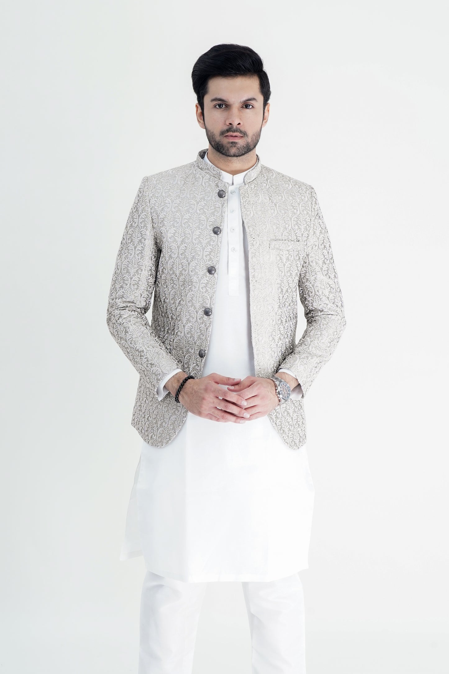 Opulent Silver Embroidered Prince Coat for Men – A Regal Statement of Style
