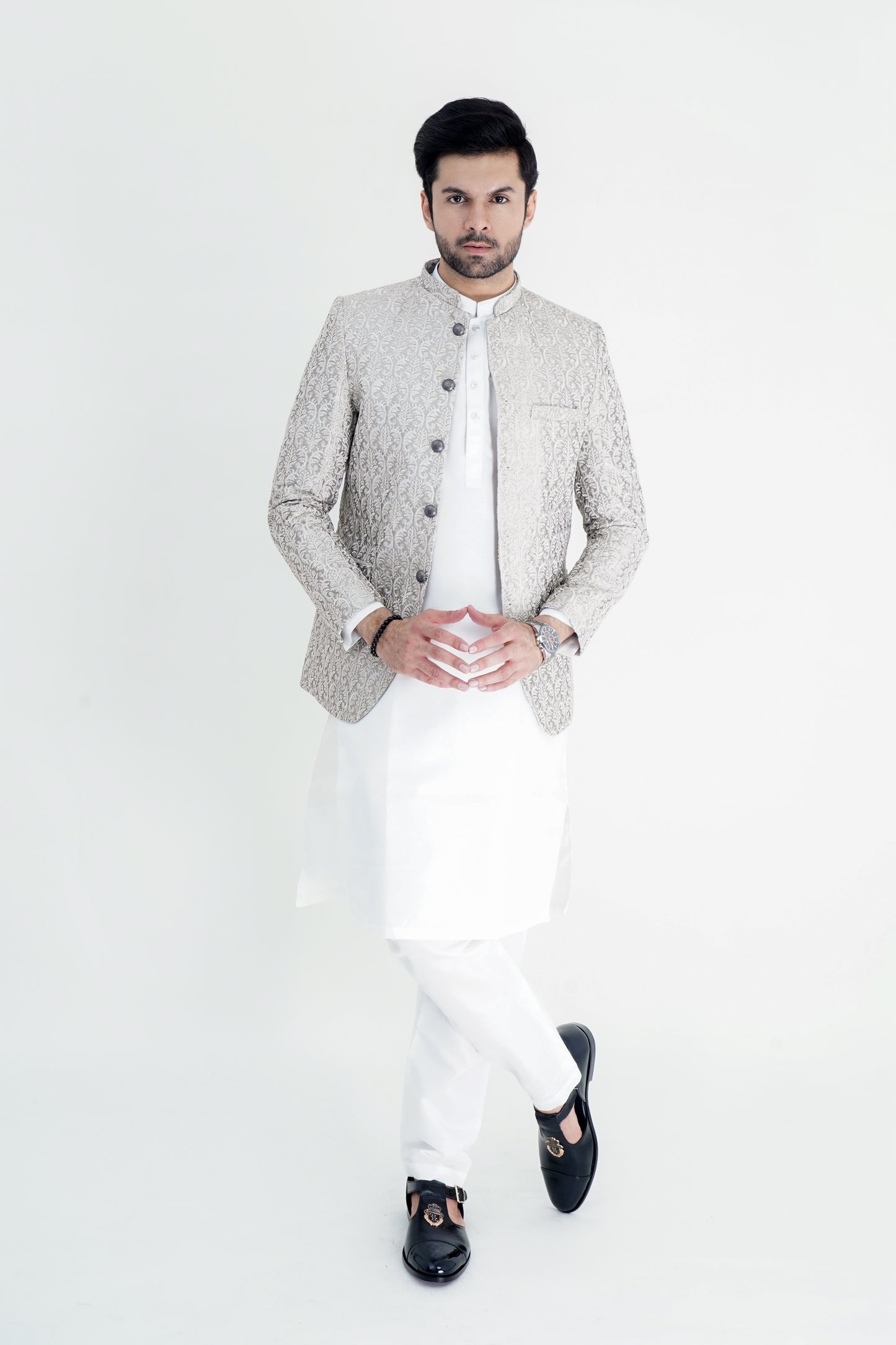Opulent Silver Embroidered Prince Coat for Men – A Regal Statement of Style