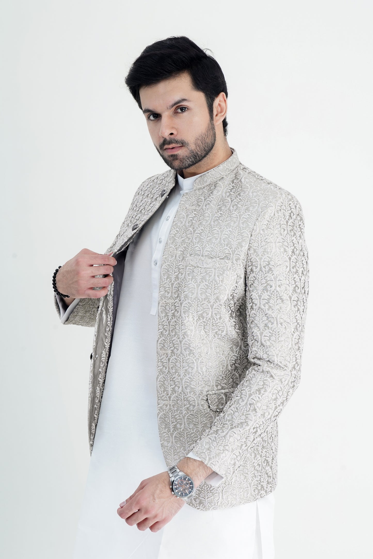 Opulent Silver Embroidered Prince Coat for Men – A Regal Statement of Style