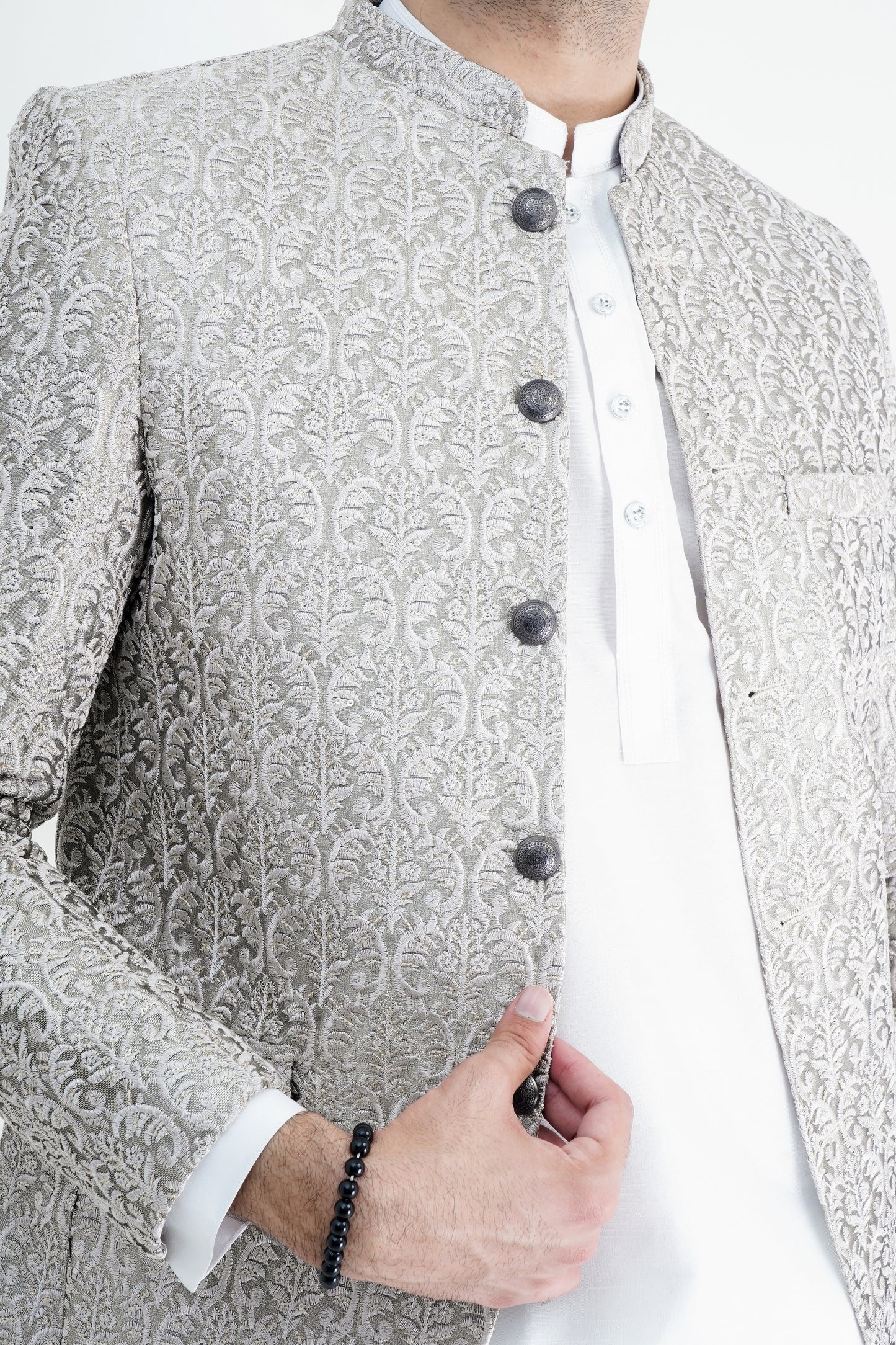 Opulent Silver Embroidered Prince Coat for Men – A Regal Statement of Style