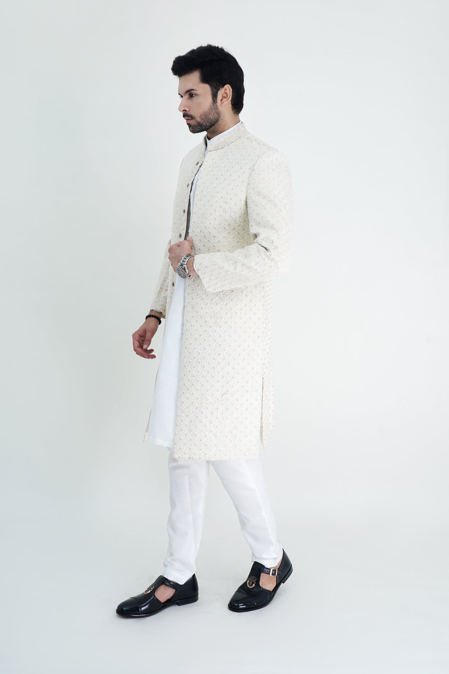 Regal Silk White Zari Embroidered Men’s Sherwani - Premium Party Wear