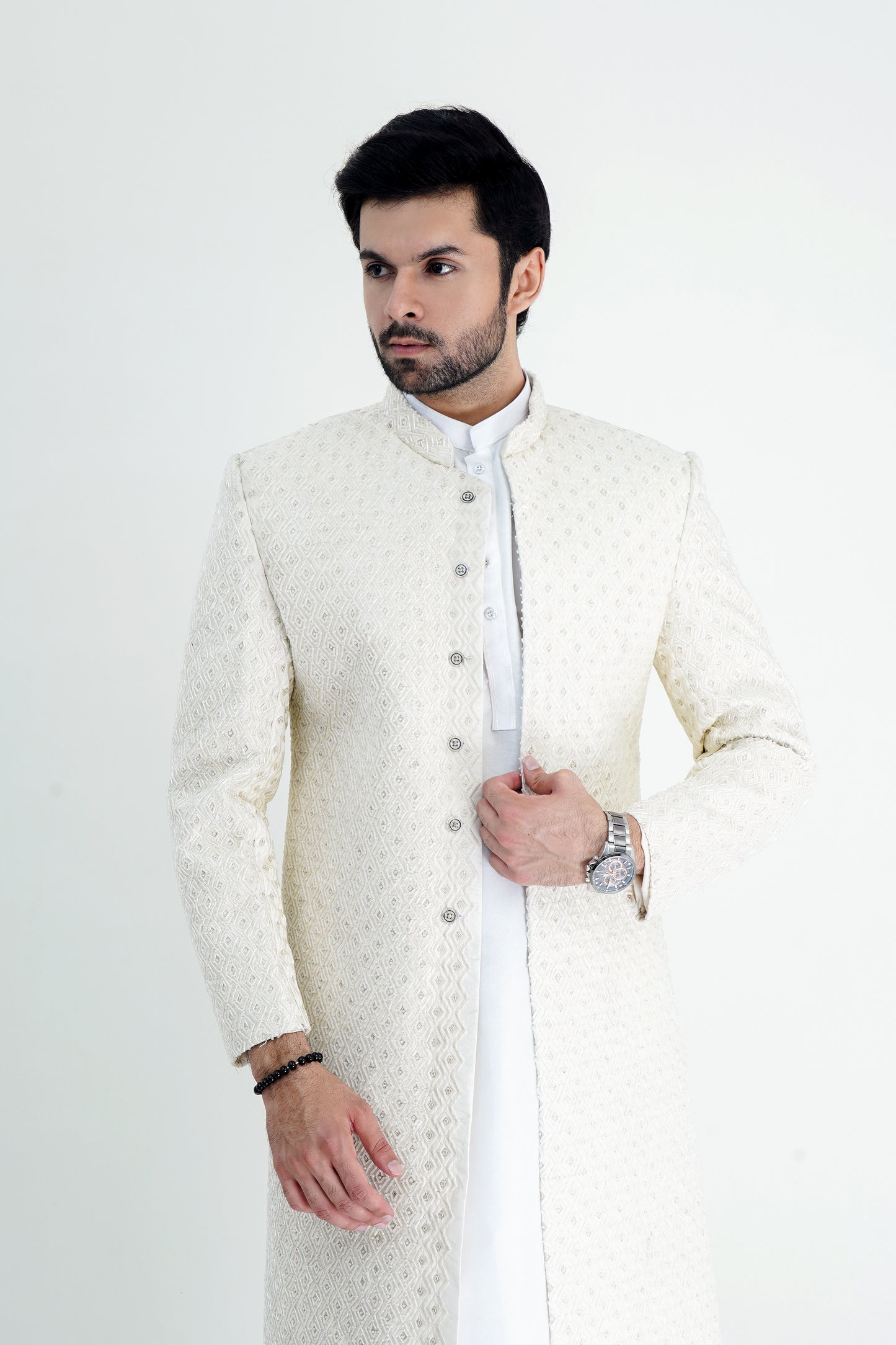 Regal Silk White Zari Embroidered Men’s Sherwani - Premium Party Wear