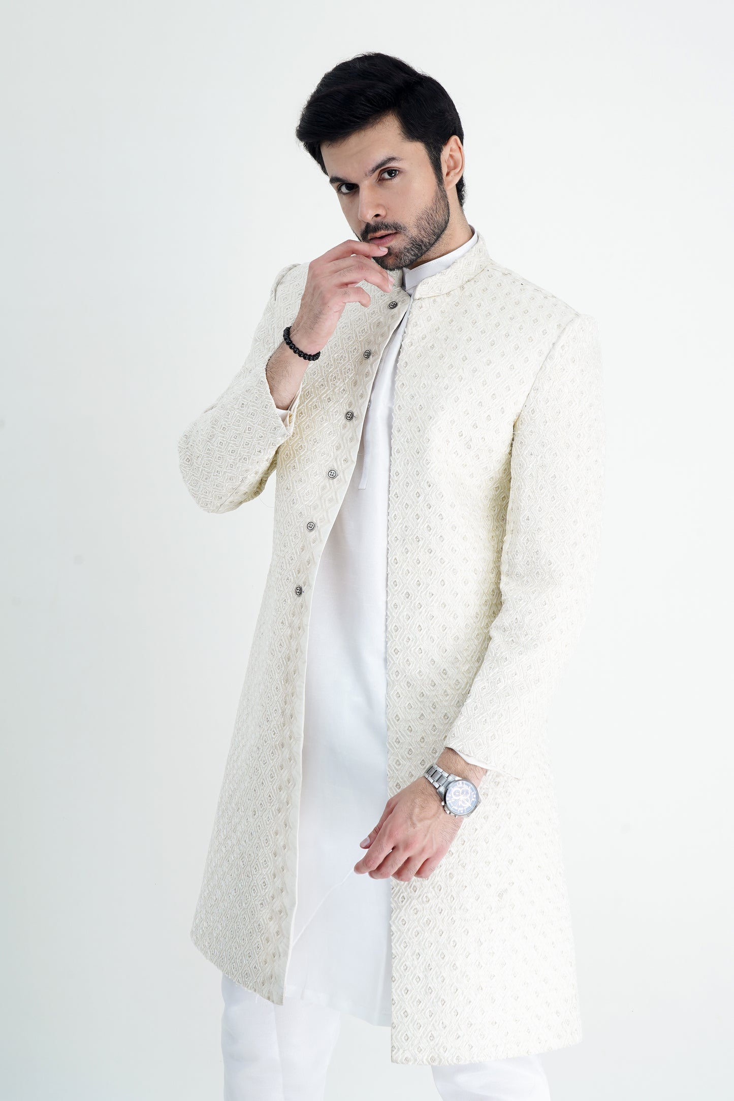 Regal Silk White Zari Embroidered Men’s Sherwani - Premium Party Wear