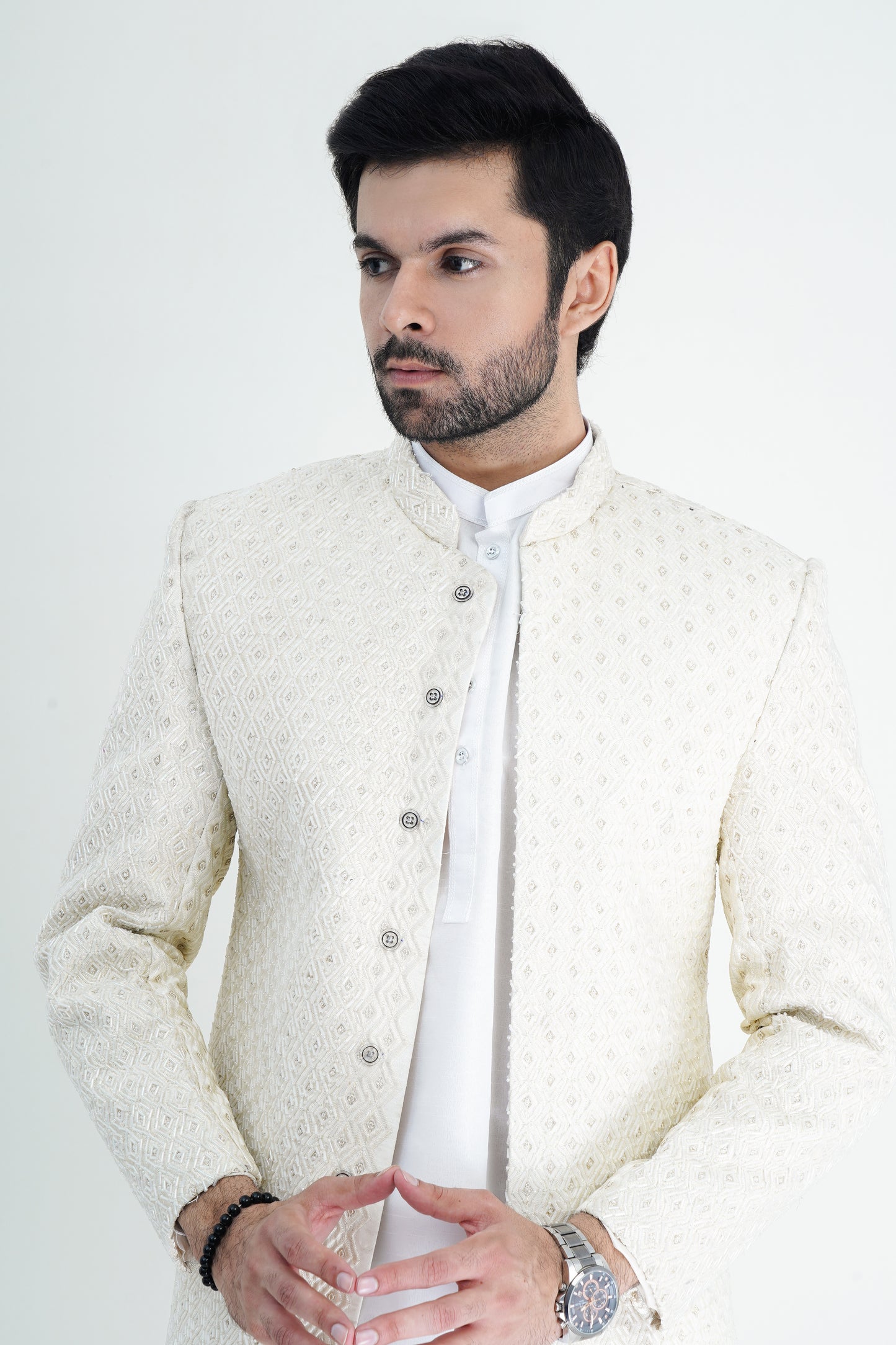Regal Silk White Zari Embroidered Men’s Sherwani - Premium Party Wear