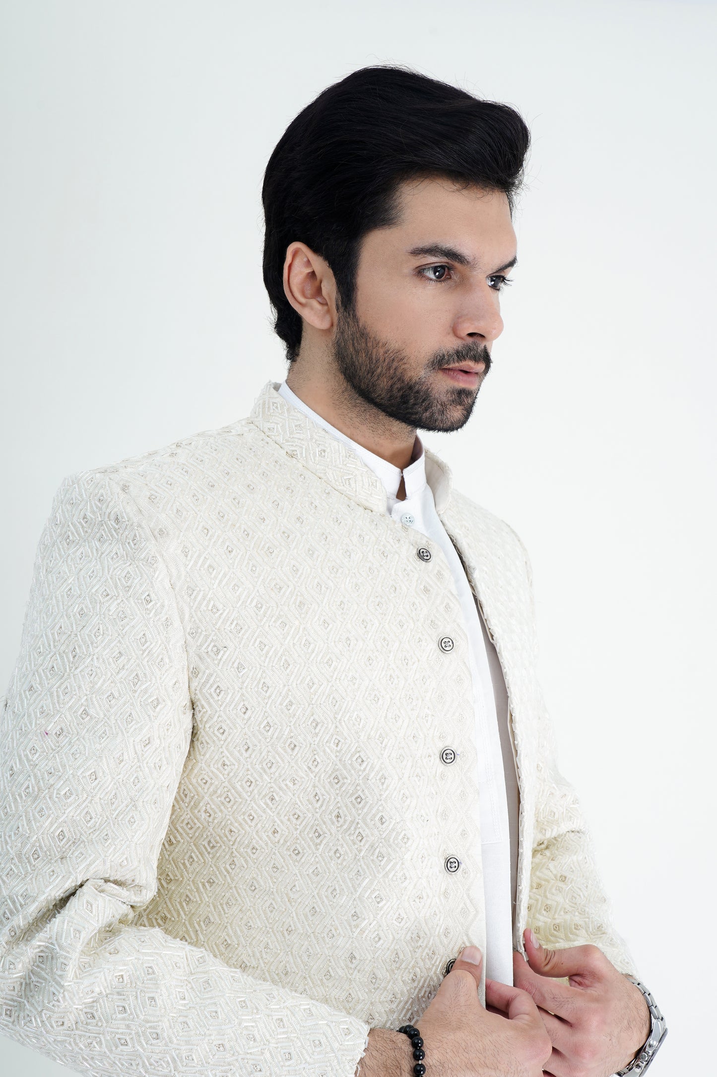 Regal Silk White Zari Embroidered Men’s Sherwani - Premium Party Wear