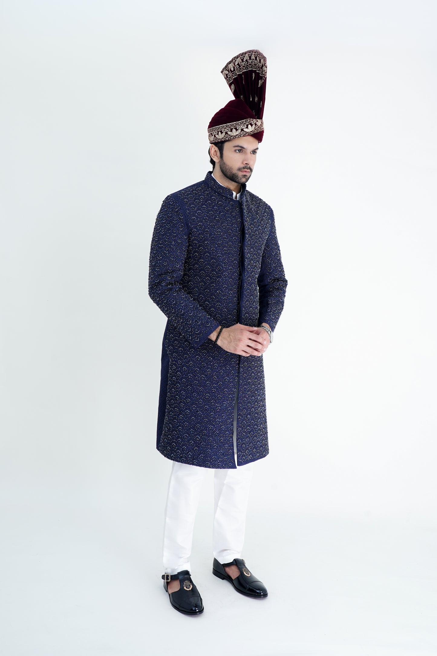 Luxurious Blue Silk Sherwani with Handmade Embroidery – Wedding Collection