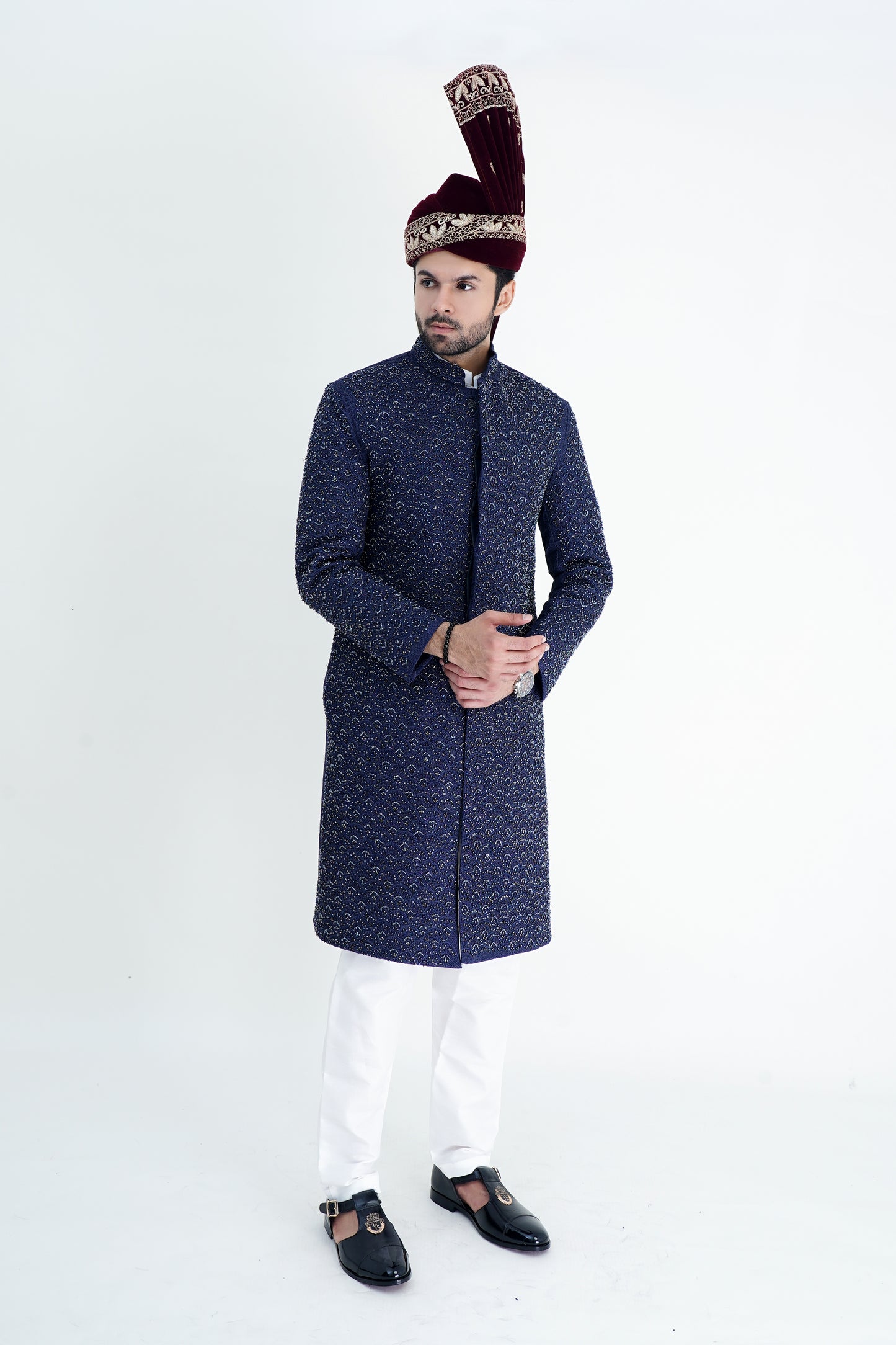Luxurious Blue Silk Sherwani with Handmade Embroidery – Wedding Collection