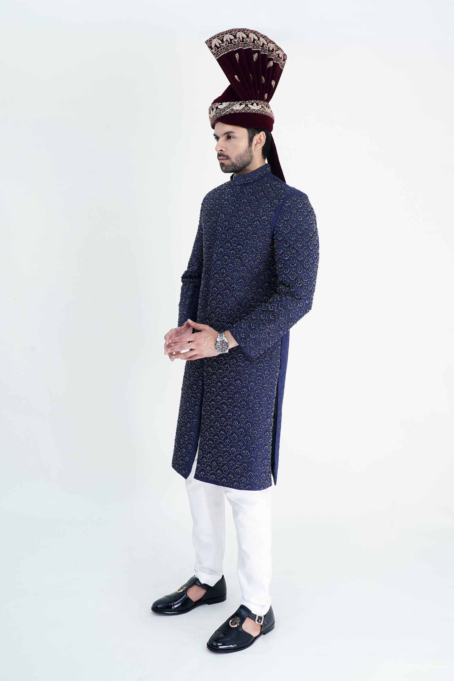Luxurious Blue Silk Sherwani with Handmade Embroidery – Wedding Collection
