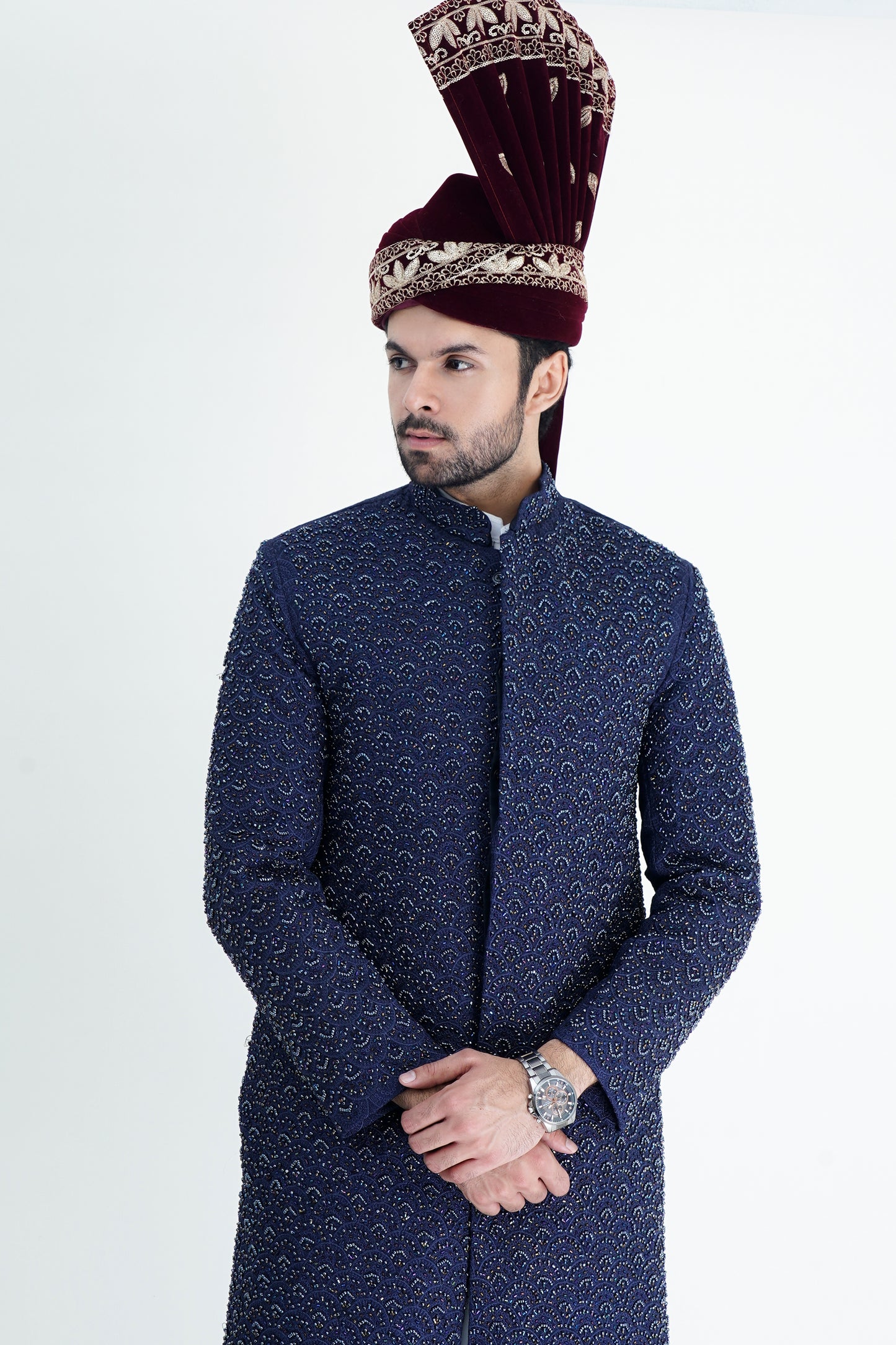 Luxurious Blue Silk Sherwani with Handmade Embroidery – Wedding Collection