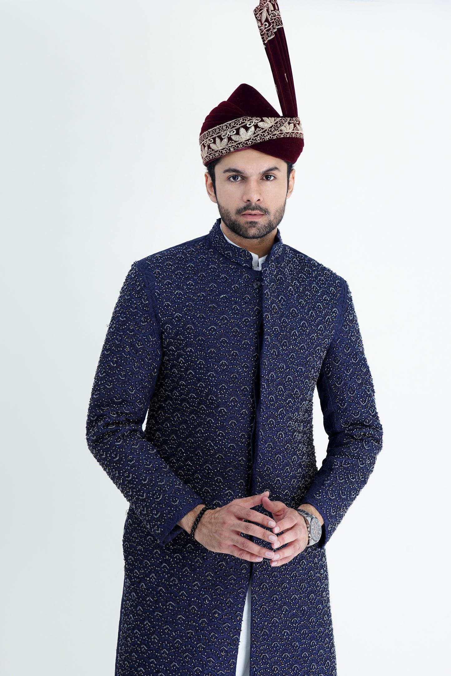 Luxurious Blue Silk Sherwani with Handmade Embroidery – Wedding Collection