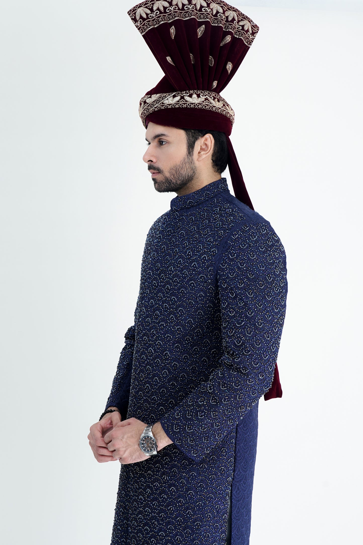 Luxurious Blue Silk Sherwani with Handmade Embroidery – Wedding Collection