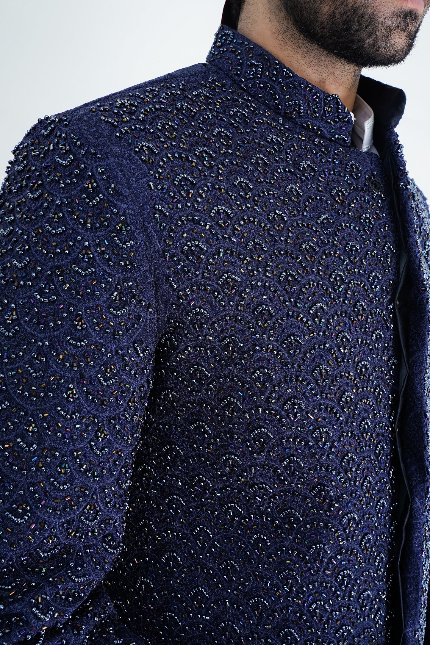 Luxurious Blue Silk Sherwani with Handmade Embroidery – Wedding Collection