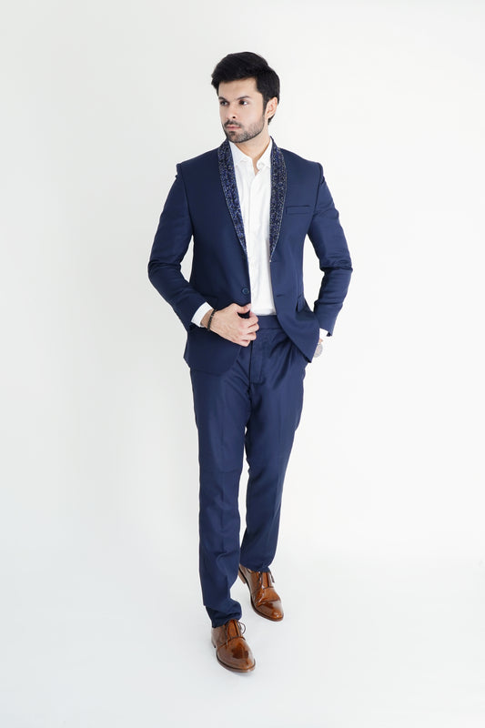 The Blue Elegance Two-Piece Pant Suit – Embroidered Collar for Modern Sophistication