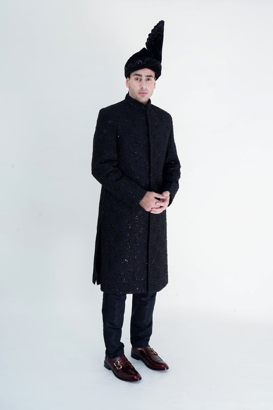 Men's Black Cotton Silk Sherwani with Sequins Embroidery – Modern Straight Cut