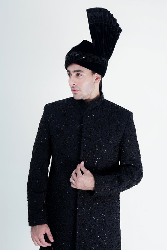 Stylish Black Sherwani with Unique Handmade Embroidery