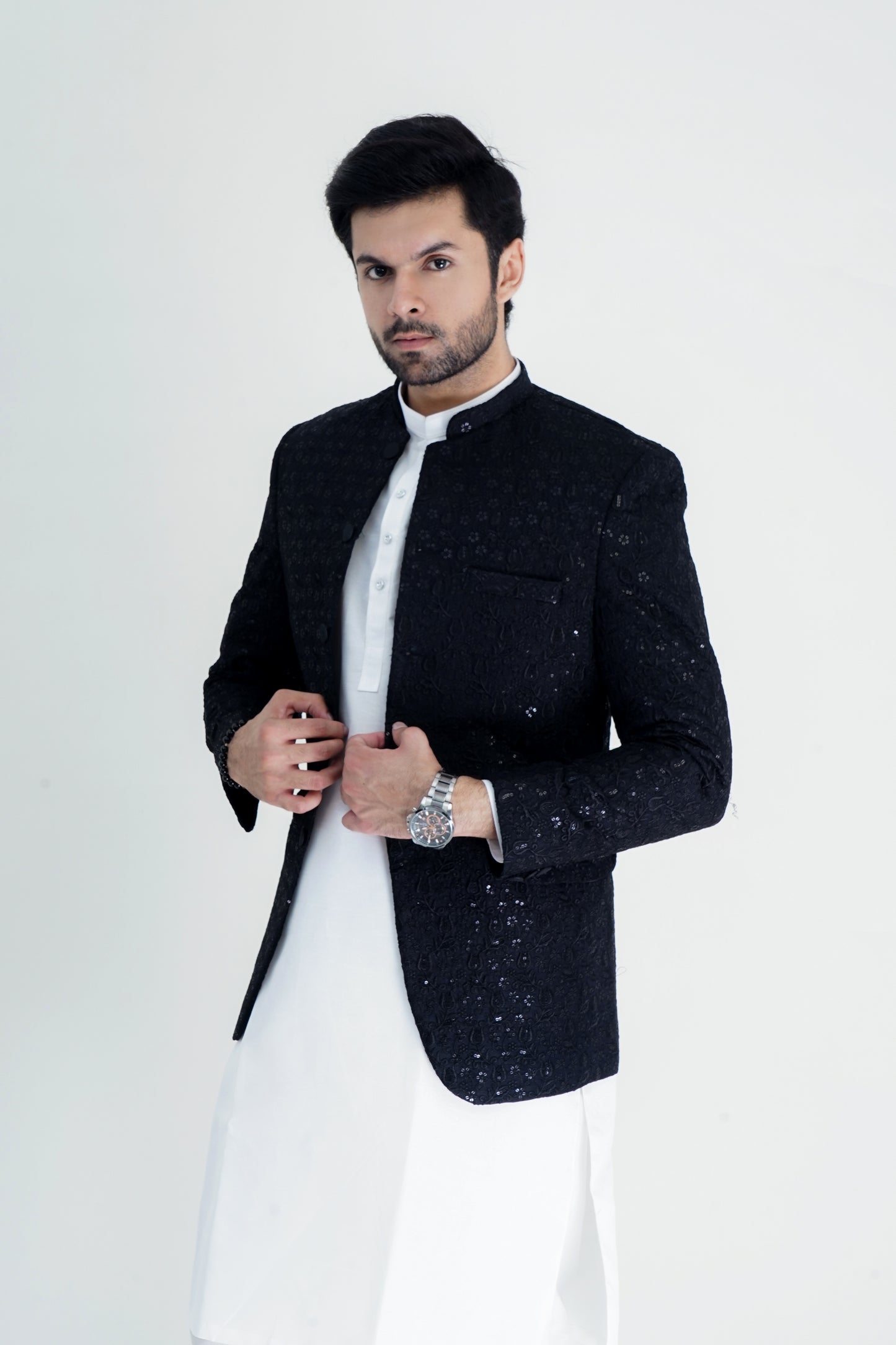 Elegant Black Embroidered Prince Coat with Kurta-Pajama Set