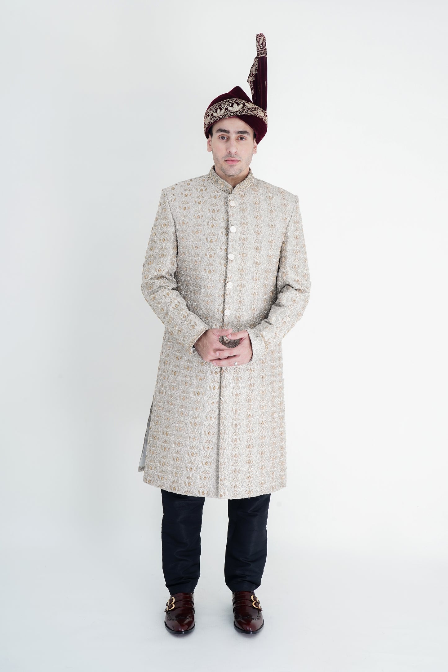 Exquisite Silver Sherwani with Golden Handmade Embroidery