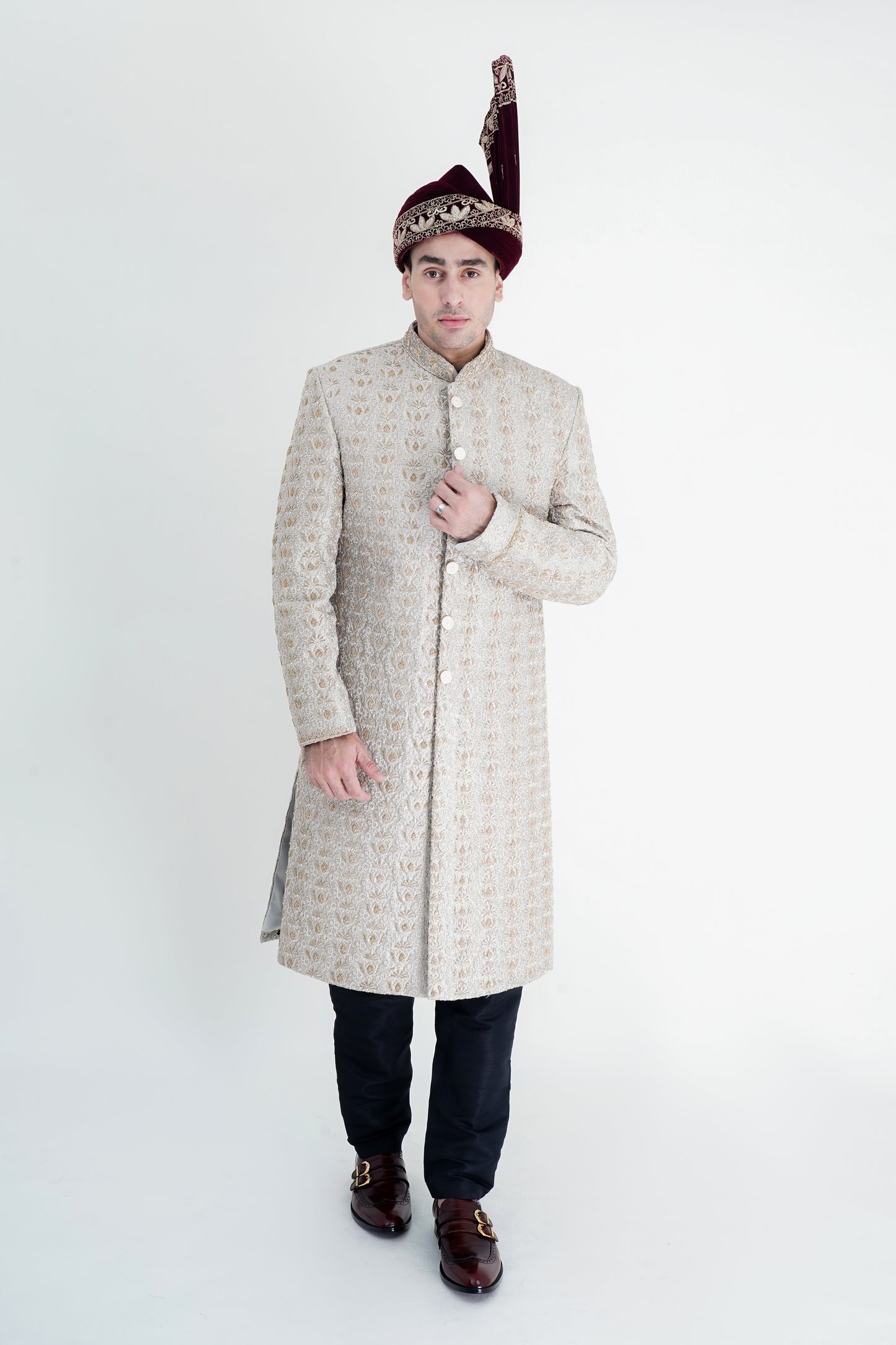 Exquisite Silver Sherwani with Golden Handmade Embroidery