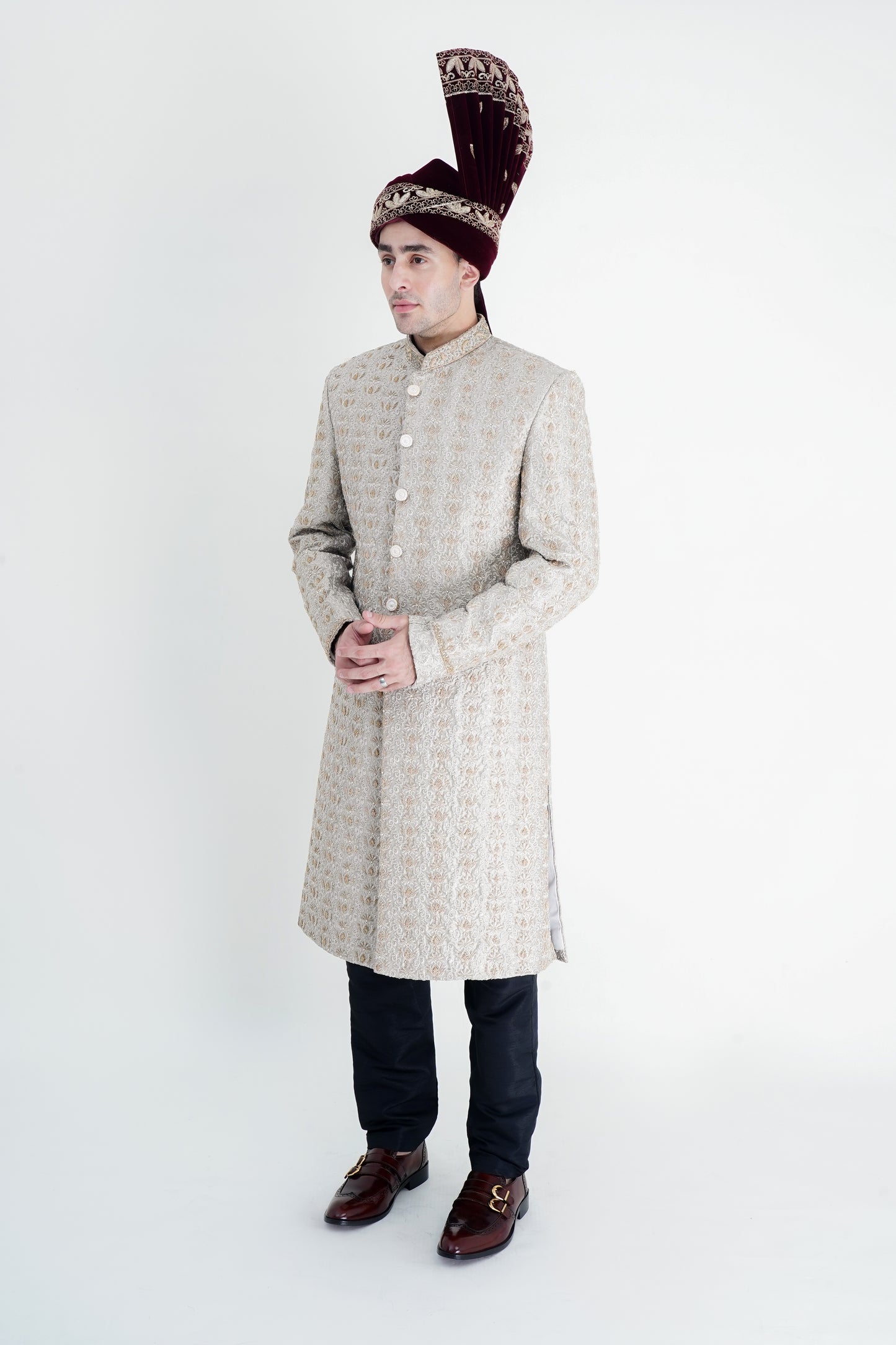 Exquisite Silver Sherwani with Golden Handmade Embroidery