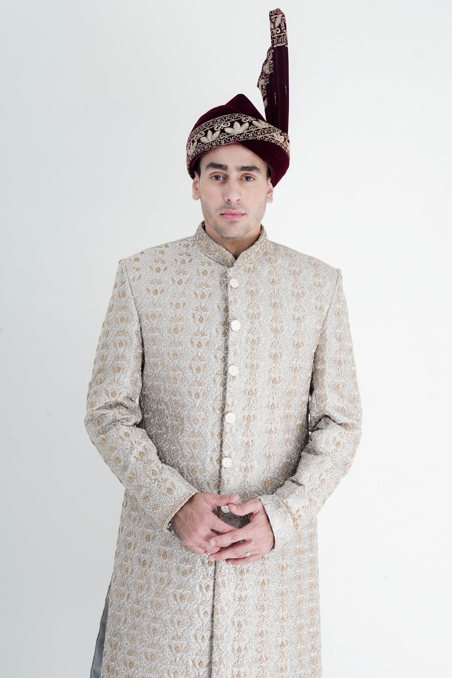 Exquisite Silver Sherwani with Golden Handmade Embroidery