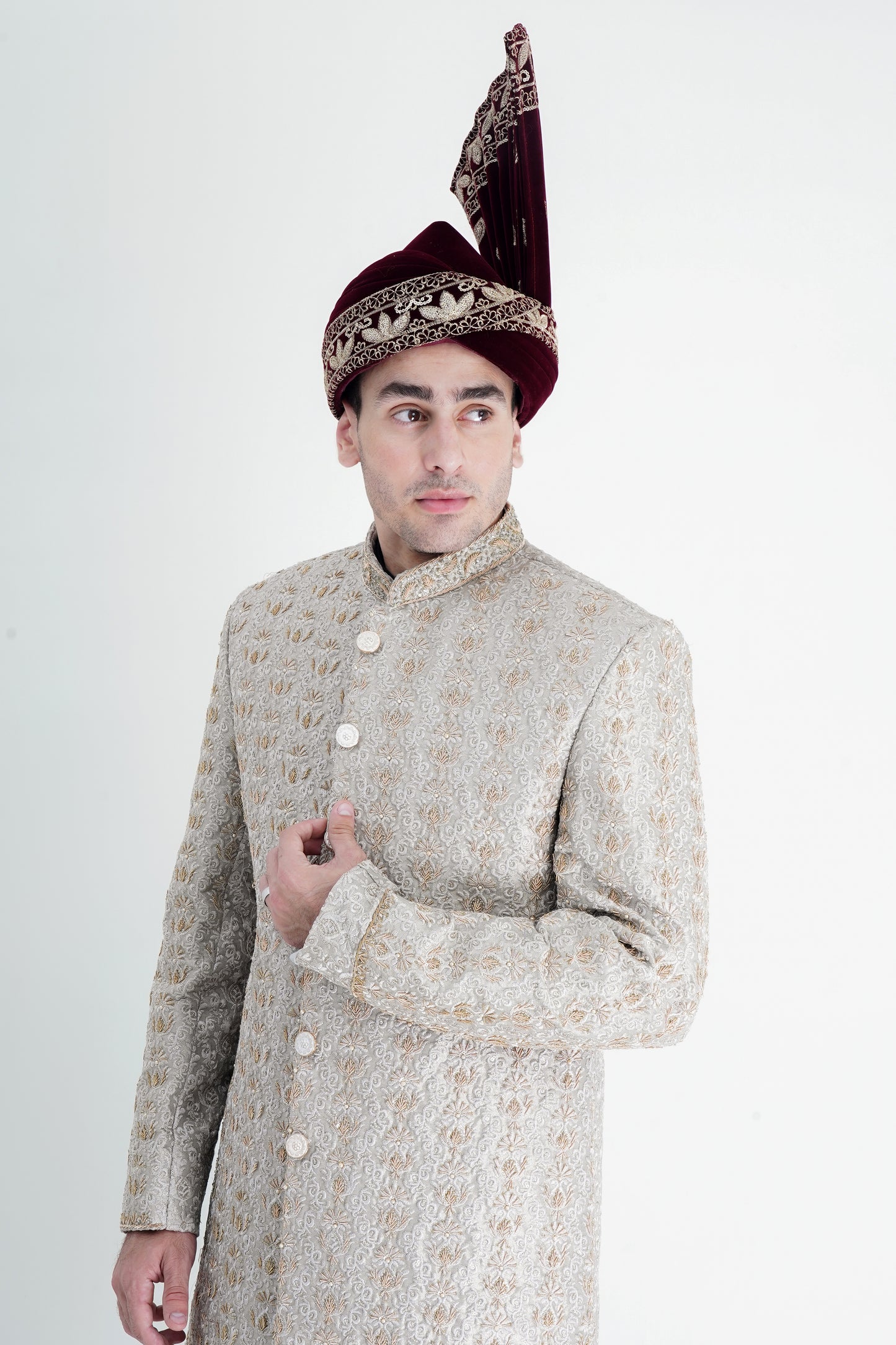 Exquisite Silver Sherwani with Golden Handmade Embroidery