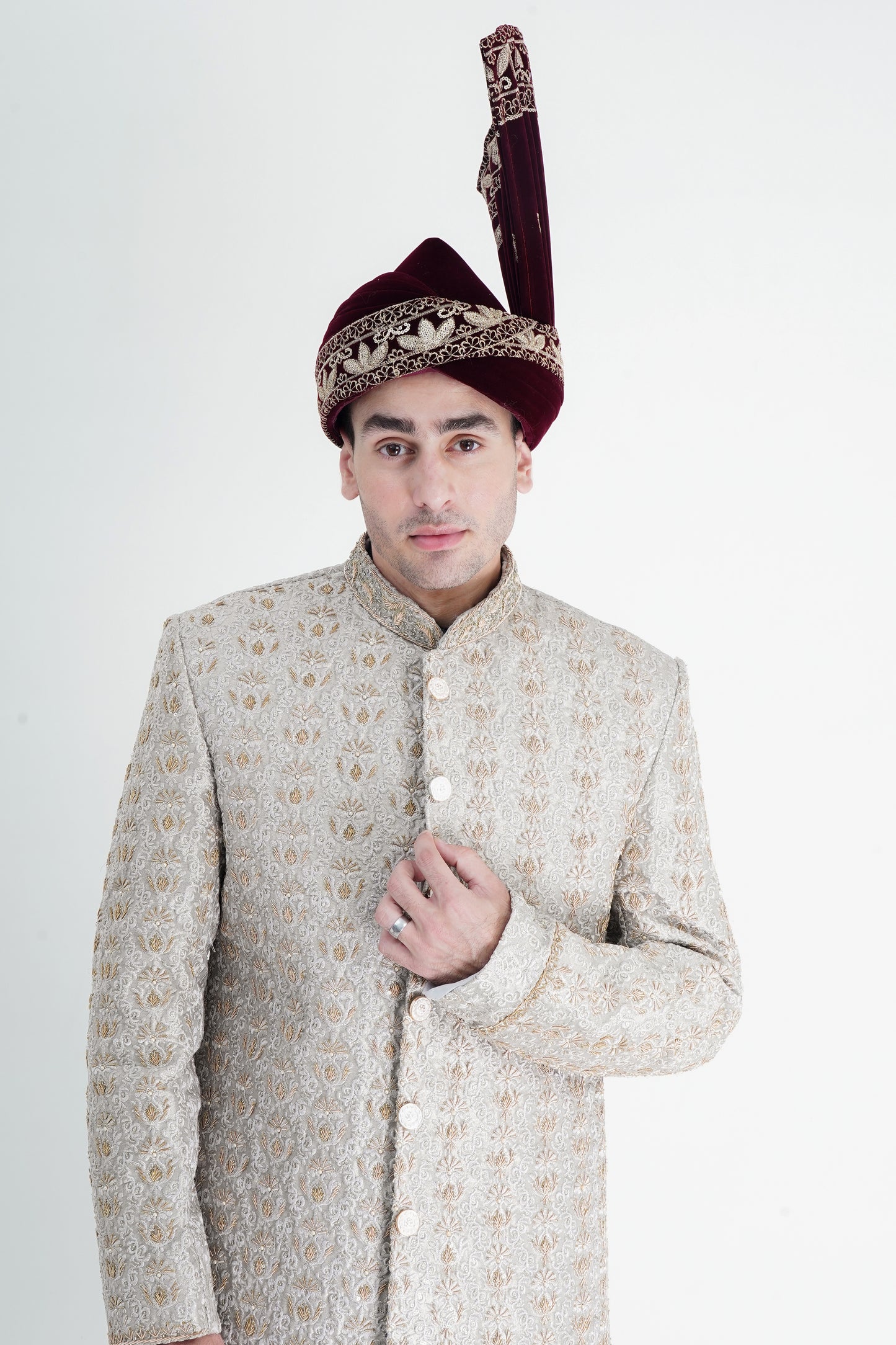 Exquisite Silver Sherwani with Golden Handmade Embroidery