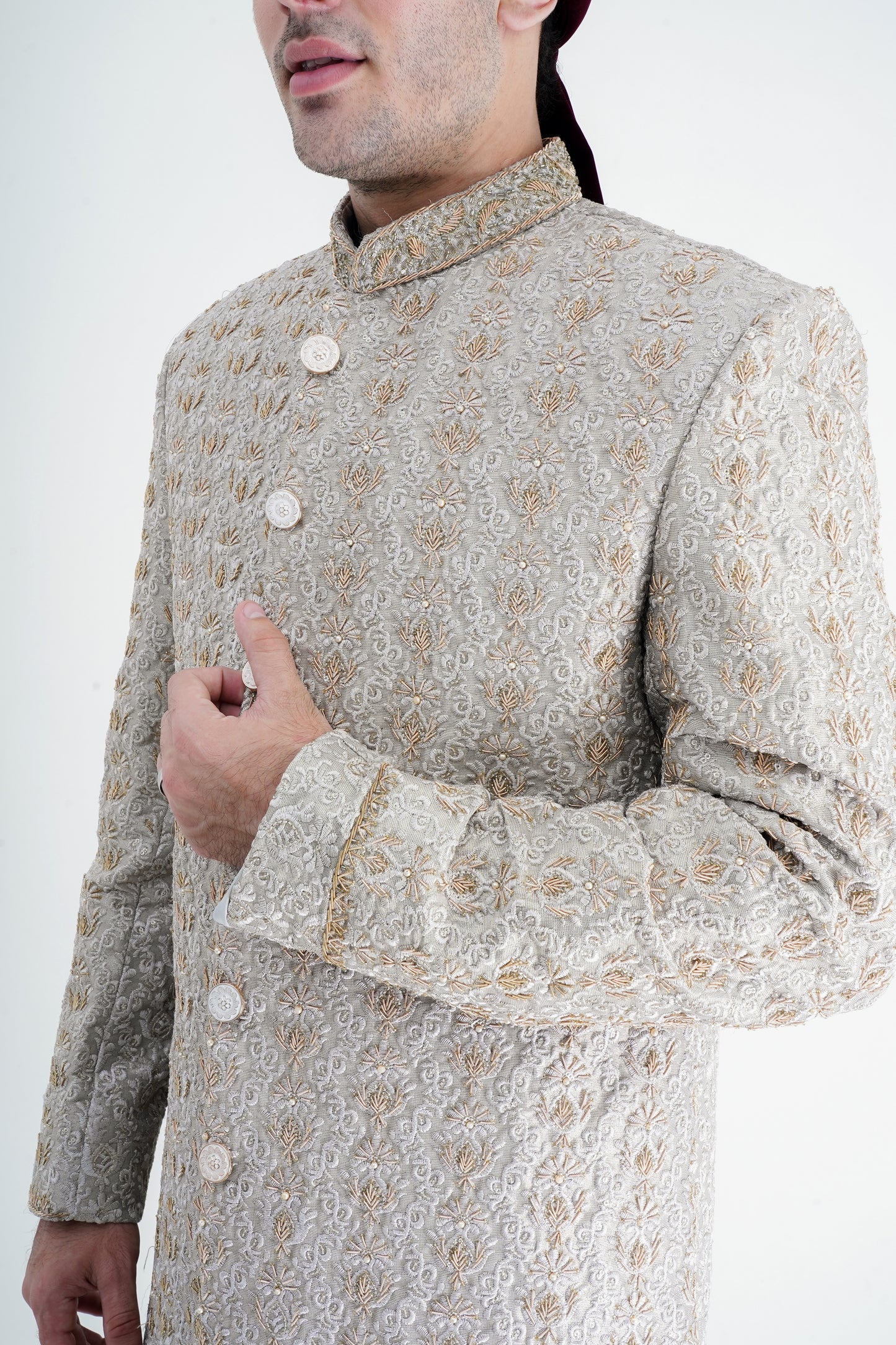 Exquisite Silver Sherwani with Golden Handmade Embroidery